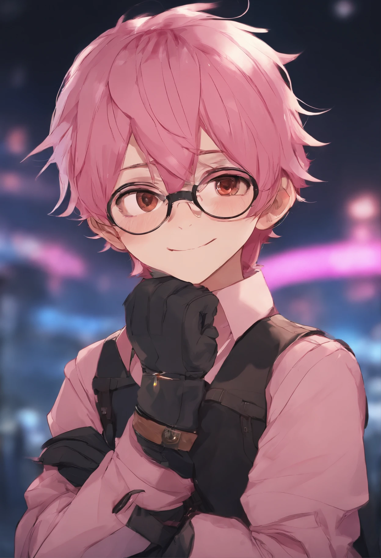 1 boy with pink hair and glasses staring at the camera while smiling (best quality, beruka, gauntlets)