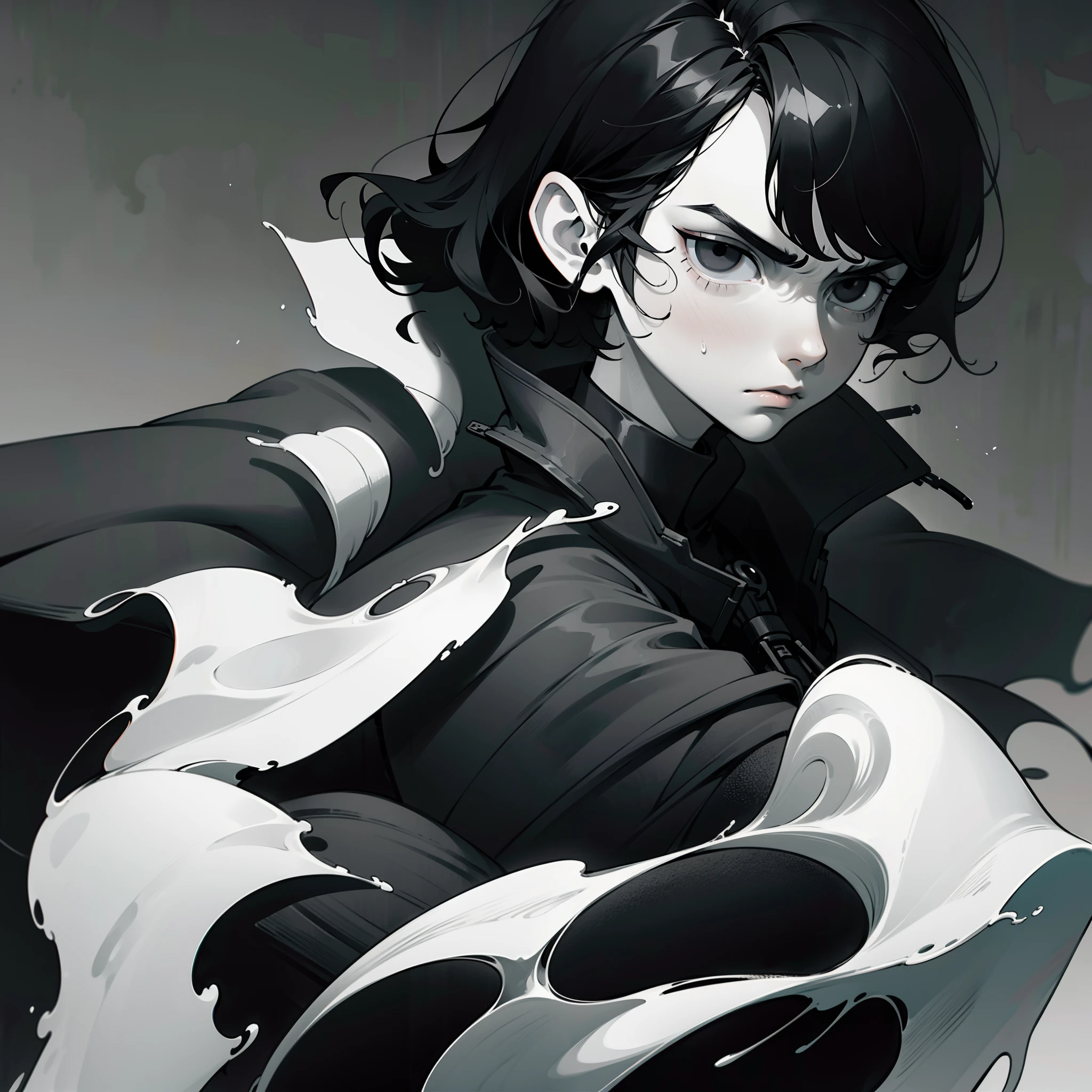 ((solo)), pale skin boy, messy black hair, black coat, serious face expression, thin lips, black eyes, ((monochromatic)), simple background