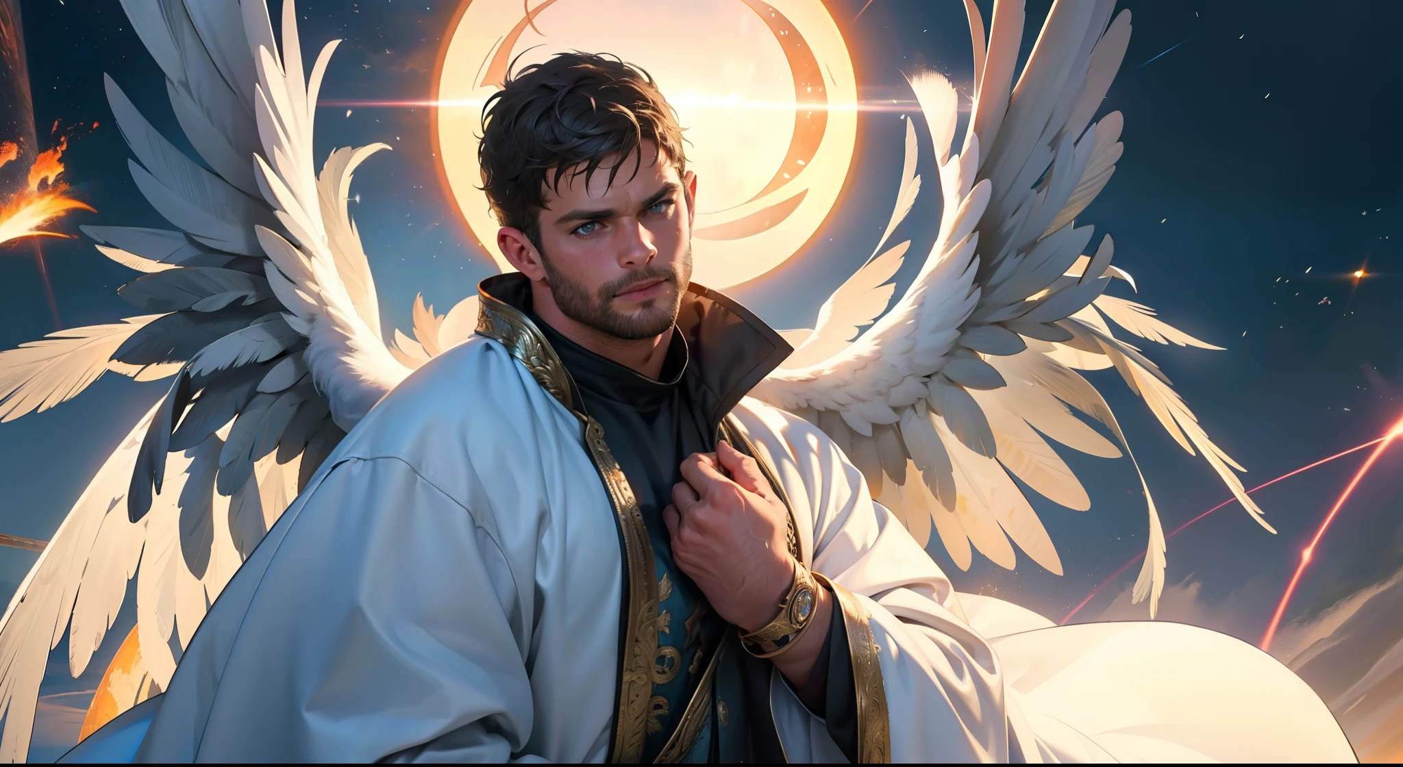 Man with large wings of white feathers on the back, praying, large wings, Jamie Dornan, eyes of light, wearing short black beard, wearing Golden Crown, focus on the details of the face, coming out happy rays, serious and attractive man, wearing white robe, magical and real effect, movie cover, with magical light explosions, powerful celestial warrior, similar to actor Jamie Dornan,  orange magic sky image background, (8k, RAW photo, best quality, masterpiece: 1.2), (realistic, photorealistic: 1.37), professional lighting.