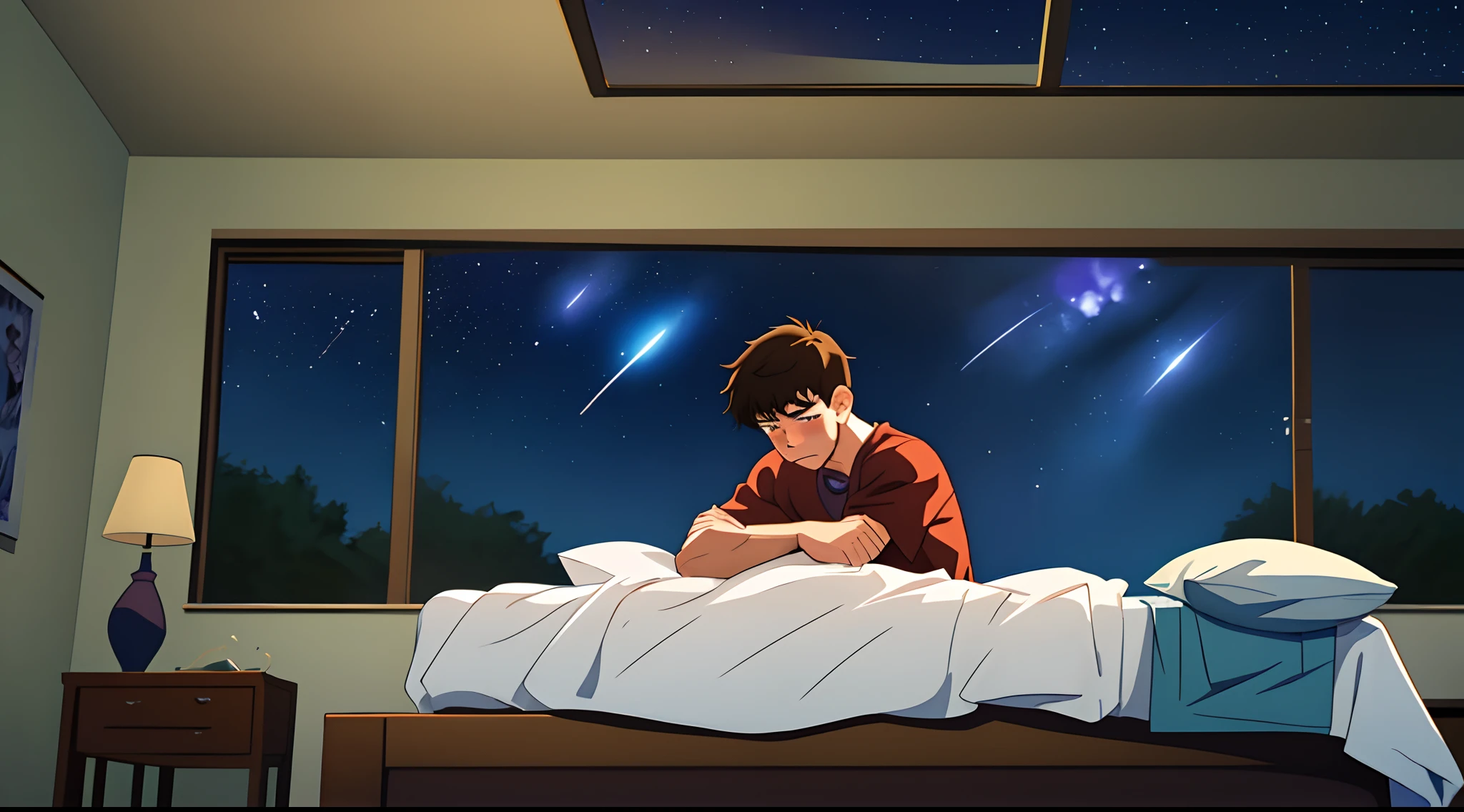 A sad boy()laying in bed crying in night room in unclean seeing Star in the sky anime boy high detailed image ultra HD