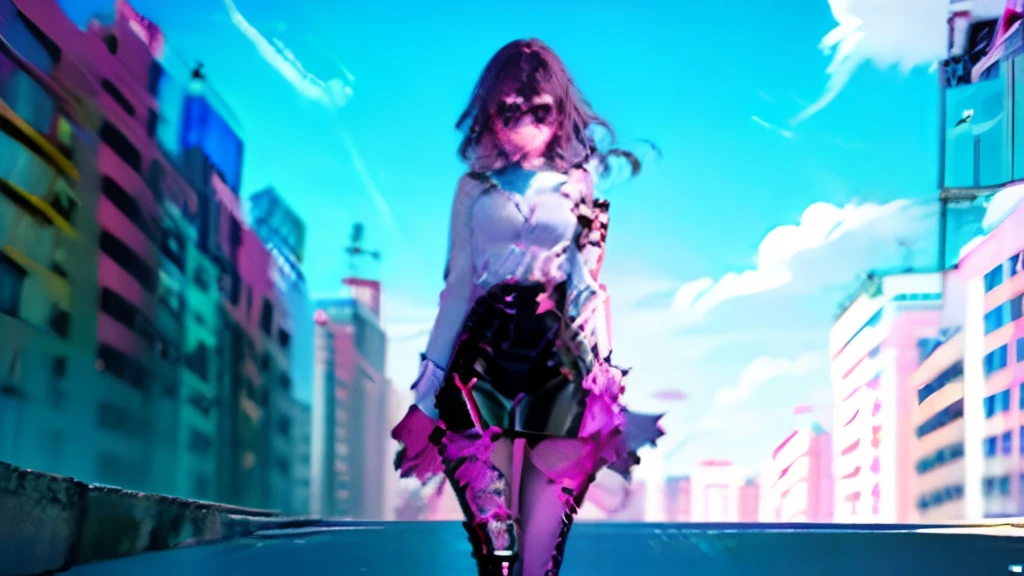 masterpiece, best quality, 1girl, skinny, large breasts, (undressing:1.4), pantyhose, eyewear on head, purple eyes, empty eyes, fishnets, full-body shot, hospital background, from below, standing across the room, (((high heels))), (((walking))), (((standing))),