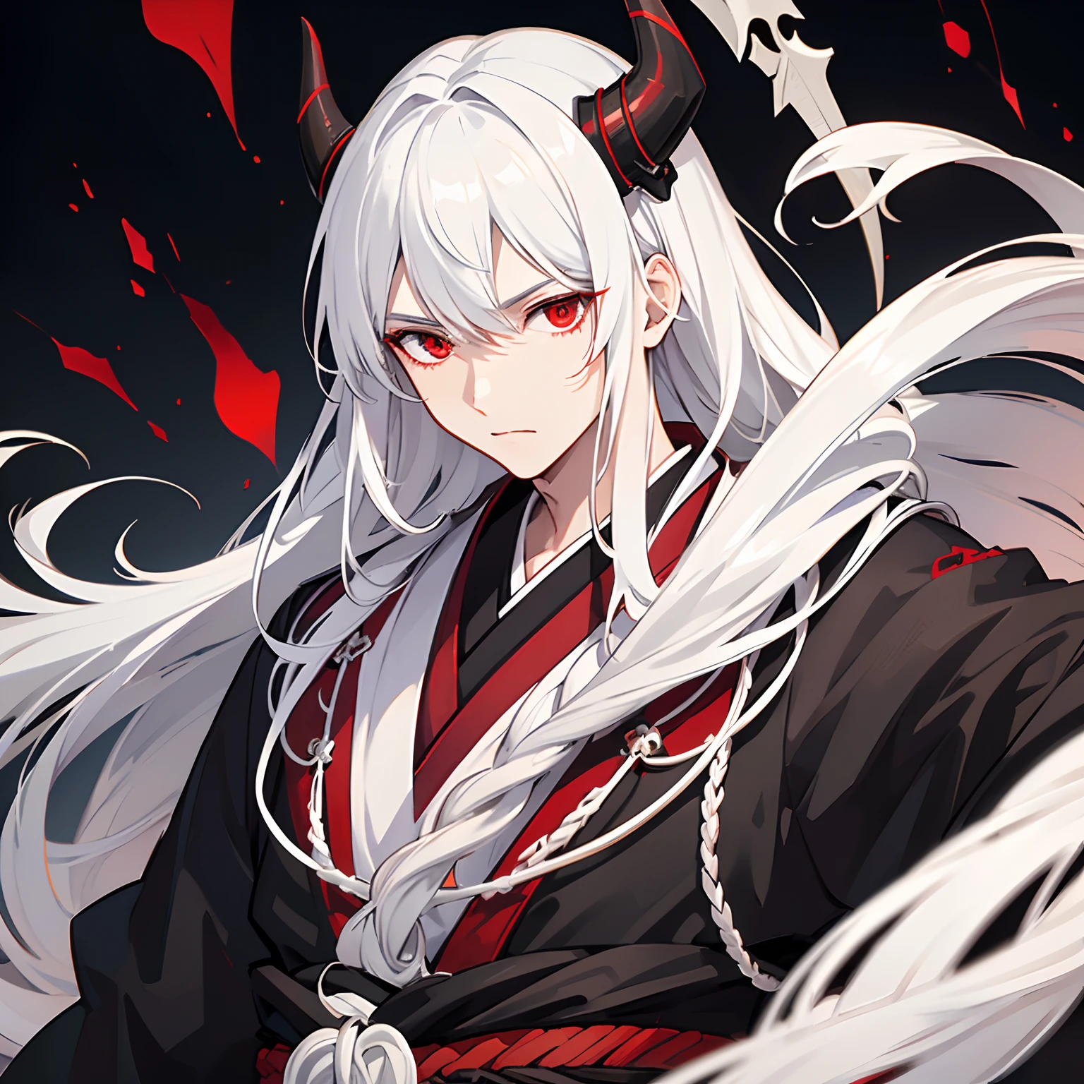 White hair, dark red horns (almost black), red eyes (one of them with black sclerae if possible), man, young man, boy, kimono, samurai attire, alone