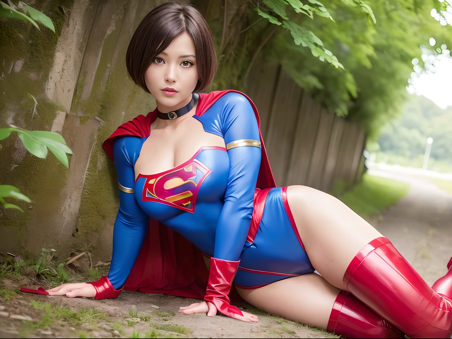 (Best Quality,4K,8K,hight resolution,masutepiece:1.2),Ultra-detailed,Realistic:1.37,masutepiece,Short-haired Supergirl crossing her legs and taunting the camera、large full breasts、Looking at the camera、Glossy costume、a choker、Shiny bright red enamel boots、bewitching poses