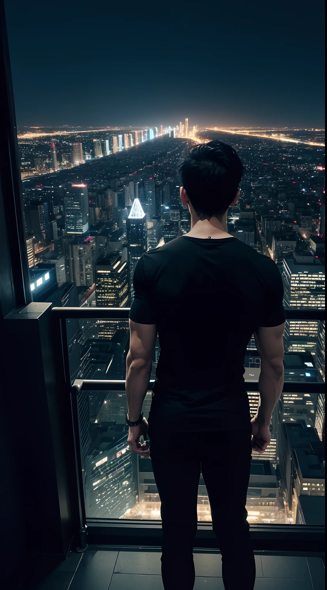 1boy, tall muscular, wearing black tshirt, standing in building, standing in dark place, looking at night city, night time, beautiful night city view, back side view