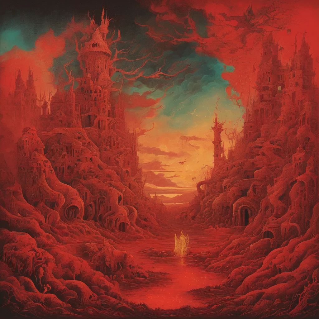 mythological creatures, author：Zdzislaw Beksinski和Van Gogh, album covers, romatic, surrealism, Futuristic ,satan, coral, wizard, abstracted, Dark, Red, hell, landscape