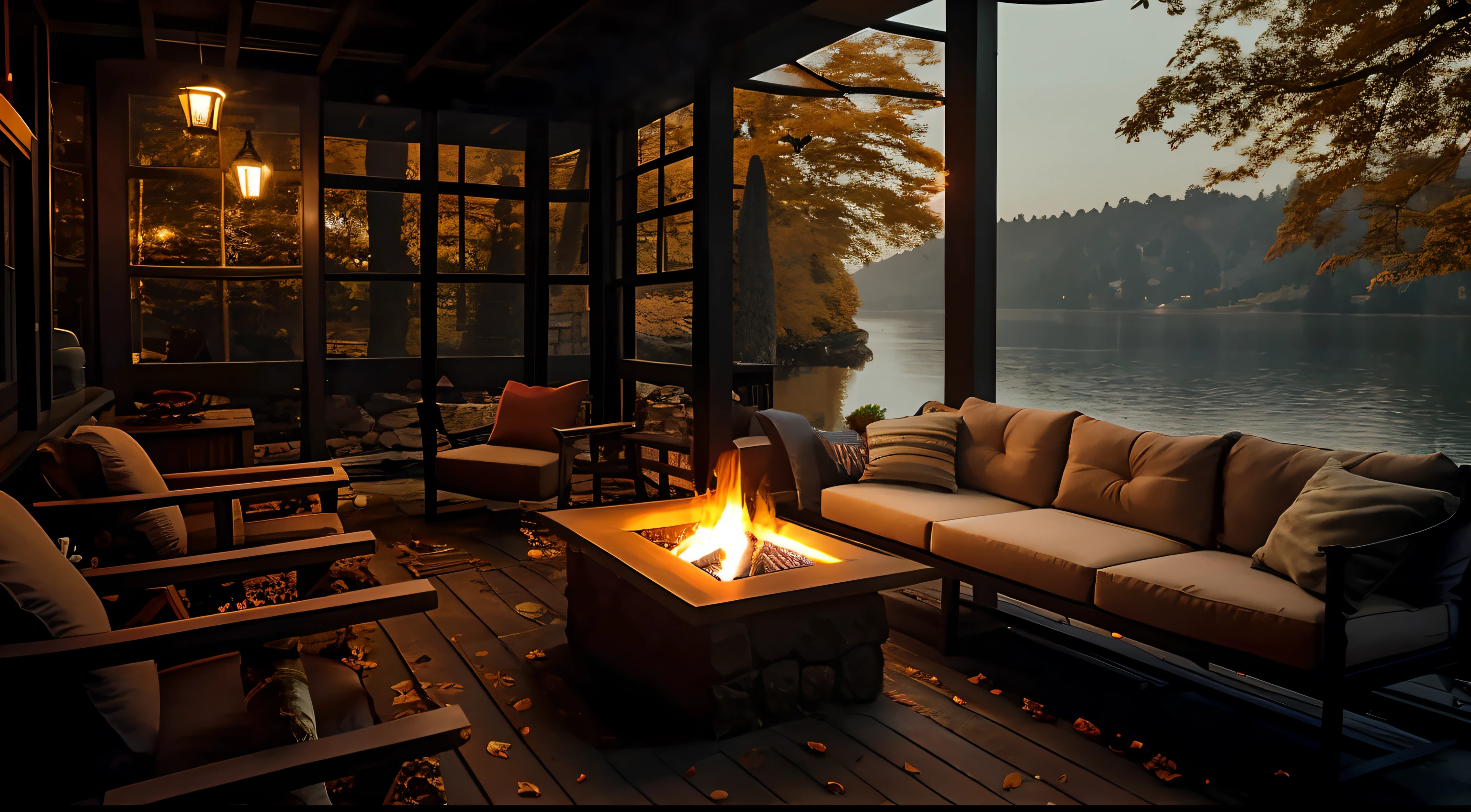 arafed patio with a fire pit and chairs on a deck, cozy place, cozy and peaceful atmosphere, cozy setting, cozy environment, lake house, cozy wallpaper, cozy home background, cozy atmosphere, relaxing environment, cozy atmospheric, all in the amazing outdoors view, outdoor campfire pit, cozy and calm, warm beautiful scene, chill time. good view, serene evening atmosphere