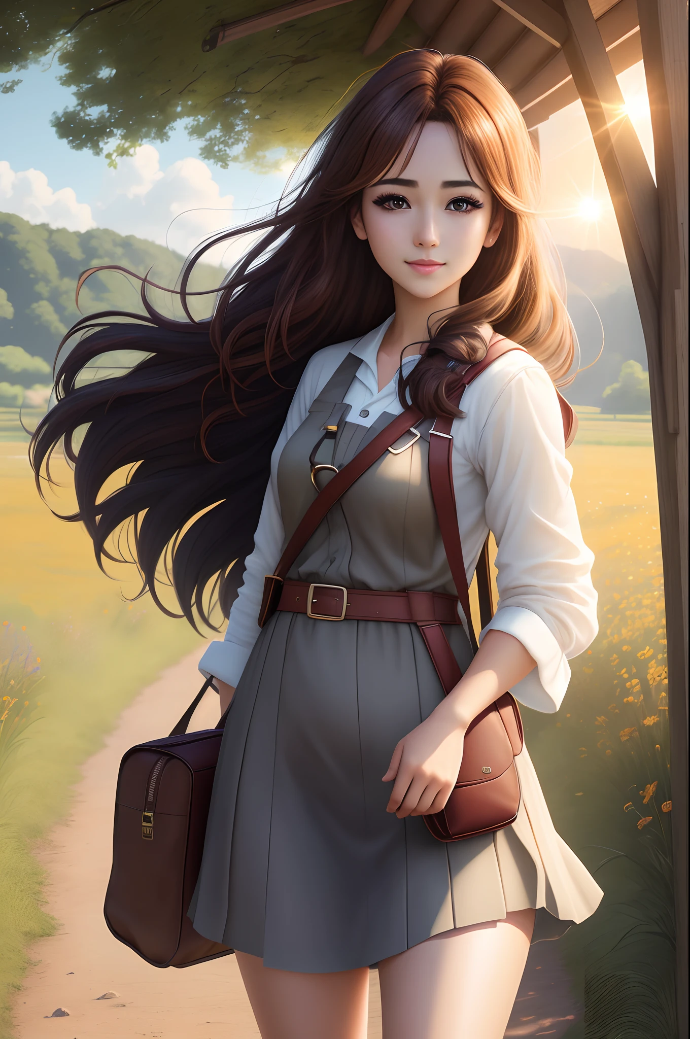 high quality, 8K Ultra HD, masterpiece, beautiful girl, A digital illustration of anime style, digital paintings of her, beautiful face, A beautiful girl walking with a bag on a grassy field, surrounded by a vast expanse of greenery and wildflowers, Her hair is gently swaying in the breeze, and the sun is shining down on her, casting a warm glow on her skin, heroines, delicate skin, beautiful hair, large eyes, three dimensional effect, enhanced beauty, Albert Anker, Feeling like Albert Anker, Kyoto Animation, Feeling like Kyoto Animation, brown hair, a little smile, luminism, black eye, 3d render, octane render, cinematic, Isometric, by yukisakura, awesome full color,