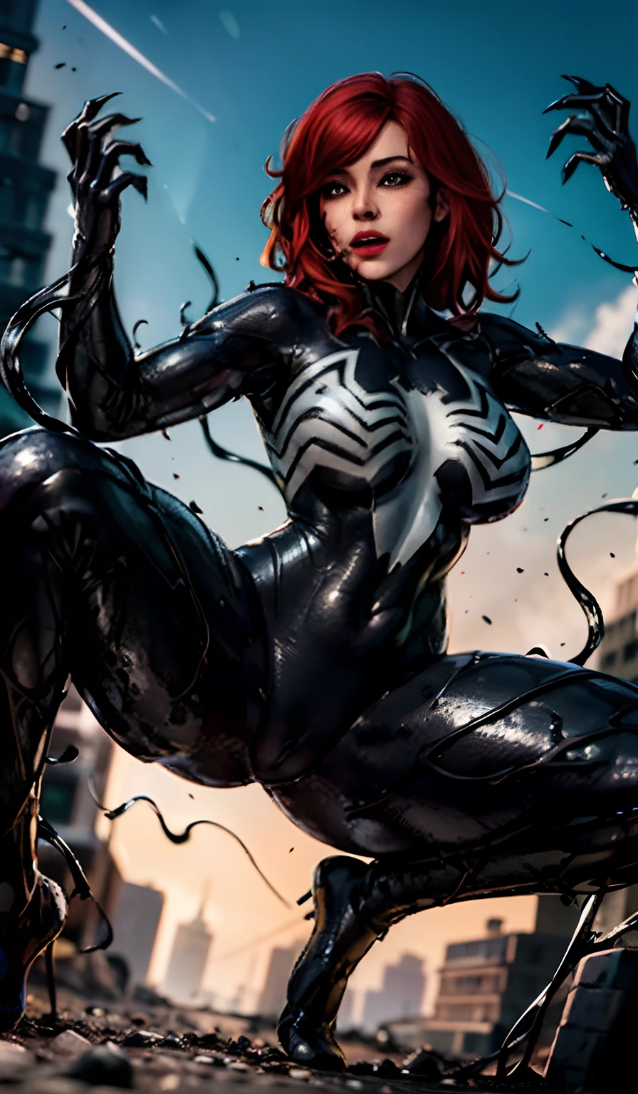 4K,realisticlying,Glamorous,The is very detailed,There is a girl in Dingcheng,Red hair,Wearing a black Spider-Man costume,(Black and white:1.4) the night,symbiote,venomize,a large amount of mucus,she is a spiderman,Black superhero theme,In front of the sky,Flushed complexion,( Open legs, camel-toe,, Vulvar shape:1.3),(GGCameltoe:1.3)Legs apart,25 age old,full bodyesbian