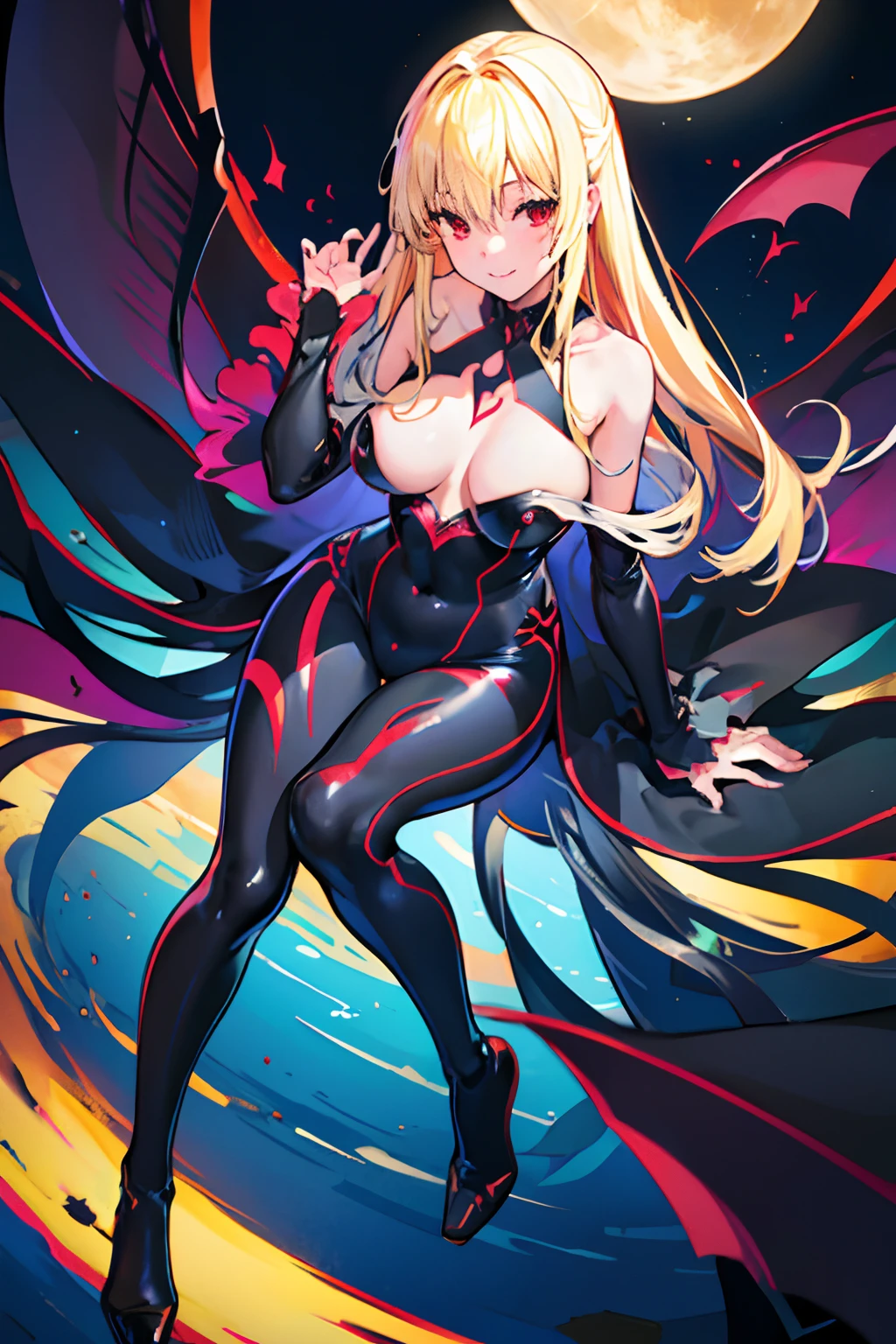 Carefully draw the face　5  girl　High-quality faces in anime style　a blond　Shiny black full body suit　Red lines all over the body　seductiv　a smile　Morrigan Aensland　Sit up