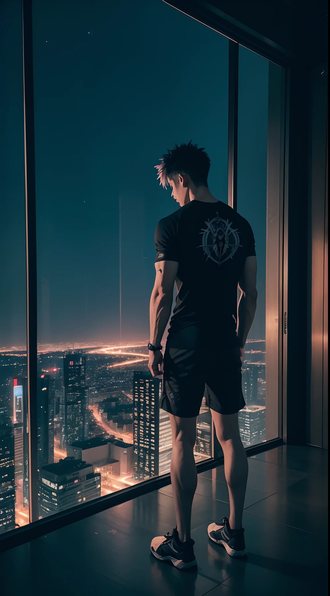 1boy, tall muscular, wearing tshirt, standing in building, standing in dramatical style, standing in dark place, looking at night city, night time, beautiful night city view, back side view