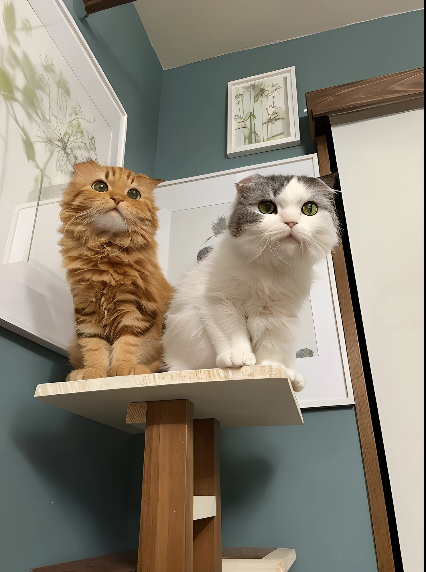 There are two cats sitting in a cat tree in a room, De pie en un estante, Dos gatos, en un pedestal, two buddies sitting in a room, Gato de dos cabezas, they are close to each other, both smiling for the camera, sentado encima de una mesa, Son muy serios, haciendo una pose majestuosa, son hermanos, Gatos lindos