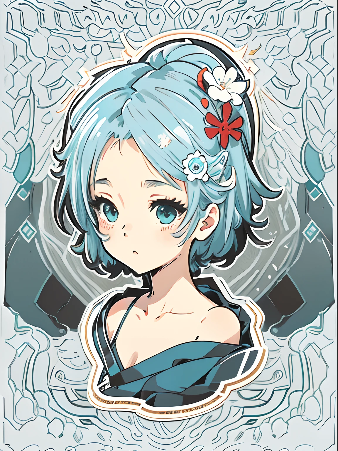 sticker, cute anime girl head, longhair style, light blue hair, wearing black mesh too and black mini skirt, geisha in circle, white Background, Bright blue, Simple, Ultra Detailed, Detailed Drawing, Vectorization, Silhouette, 8k, professional sticker design, flat design, vector lines, sticker, drawing, Drawing, Full HD