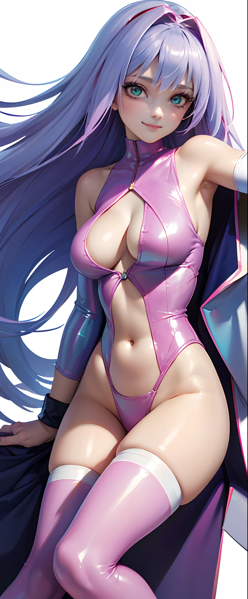 tmasterpiece,one-girl,pastelcolor, Cyan eyes, cyber punk perssonage, Pink Long Hair,deep v big breasts,chest,White latex tights,cleanness,Bare arms,show legs,Open navel,Slimming the waist, Happy smile, whole-length, legsupms, full bodyesbian:1.3