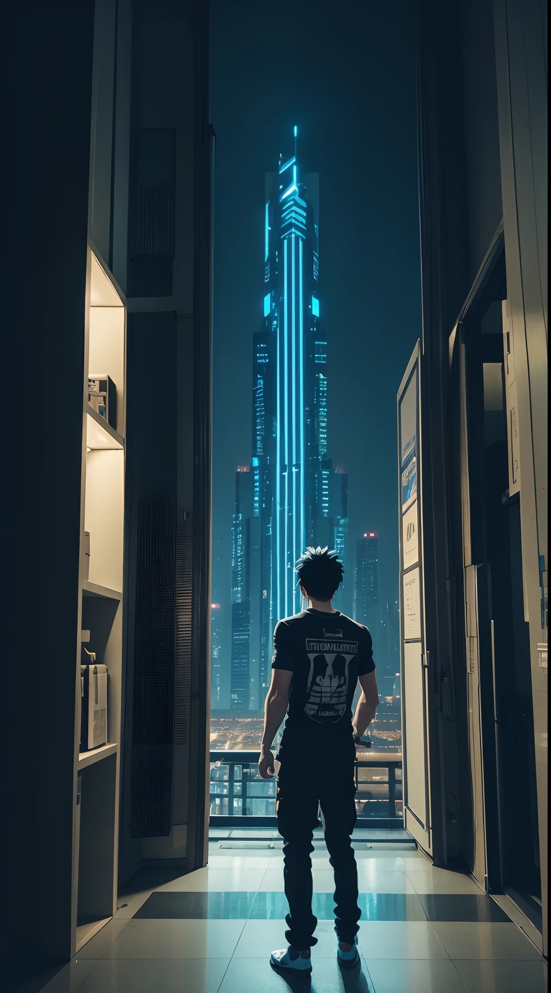 1boy, tall muscular, wearing tshirt, standing in building, standing in dramatical style, illustration, standing in dark place, looking at night city, night time, beautiful night city view, back side view