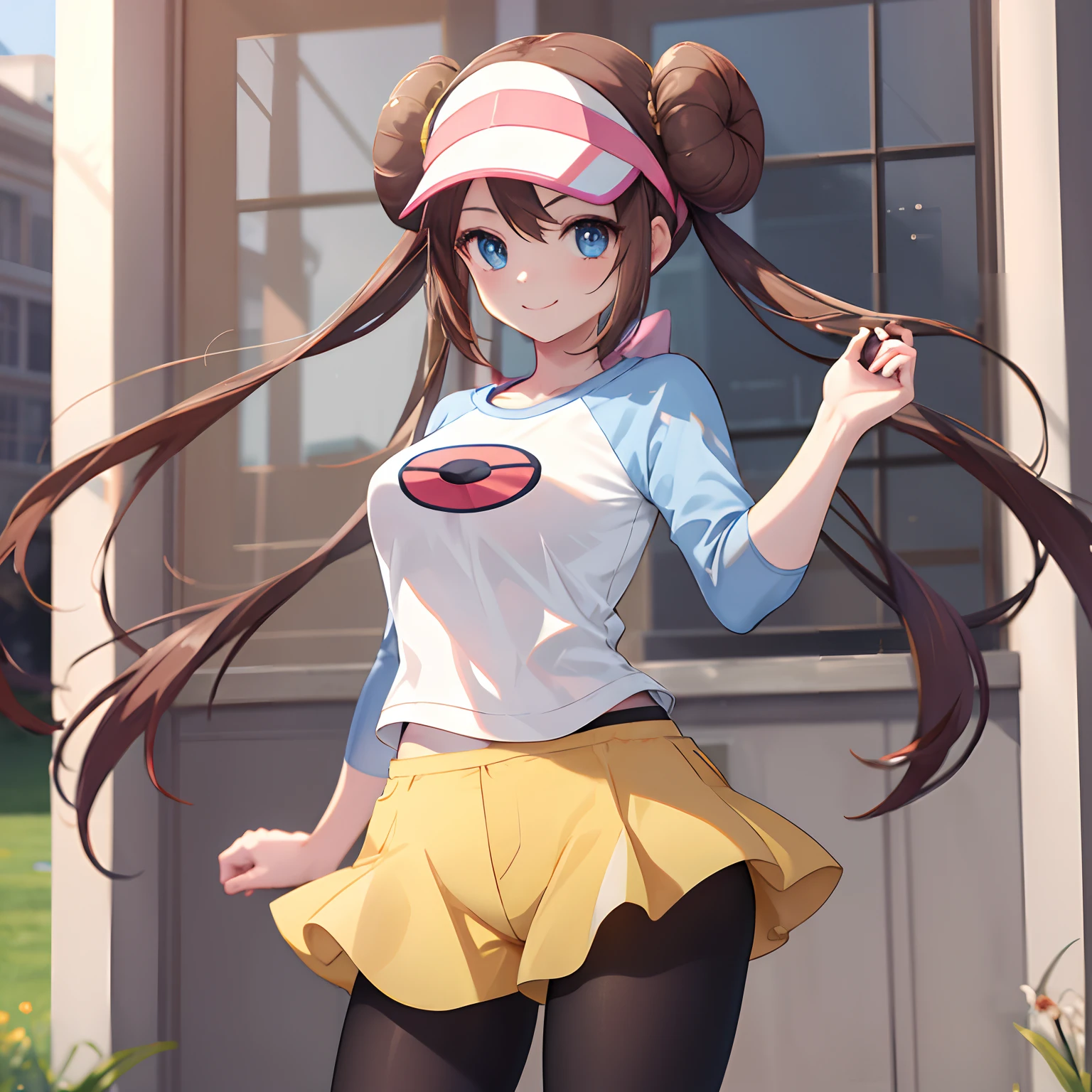 masterpiece, best quality, highres, ro1, hair bun, blue eyes, twintails, visor cap, pantyhose, raglan sleeves, yellow shorts, shirt, pink bow, wristwatch, standing, cowboy shot, field, poke ball \(basic\), smile