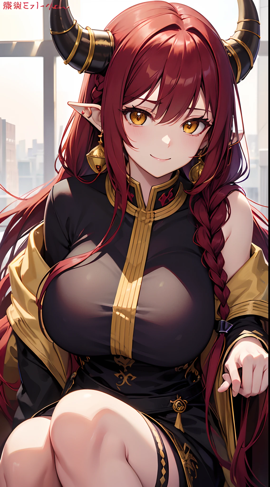 Cover magazine, anime, adult woman, solo, long hair, red hair, yellow eyes, two horn, dragon horn, golden horn, complex horn, dragon woman, model, beautiful, fantasy, Casual clothes. Hair accessories. Unusual hairstyles. Earrings. Sharp ears. Big breast. Warm smile. Braids. Soft smile. Mommy.