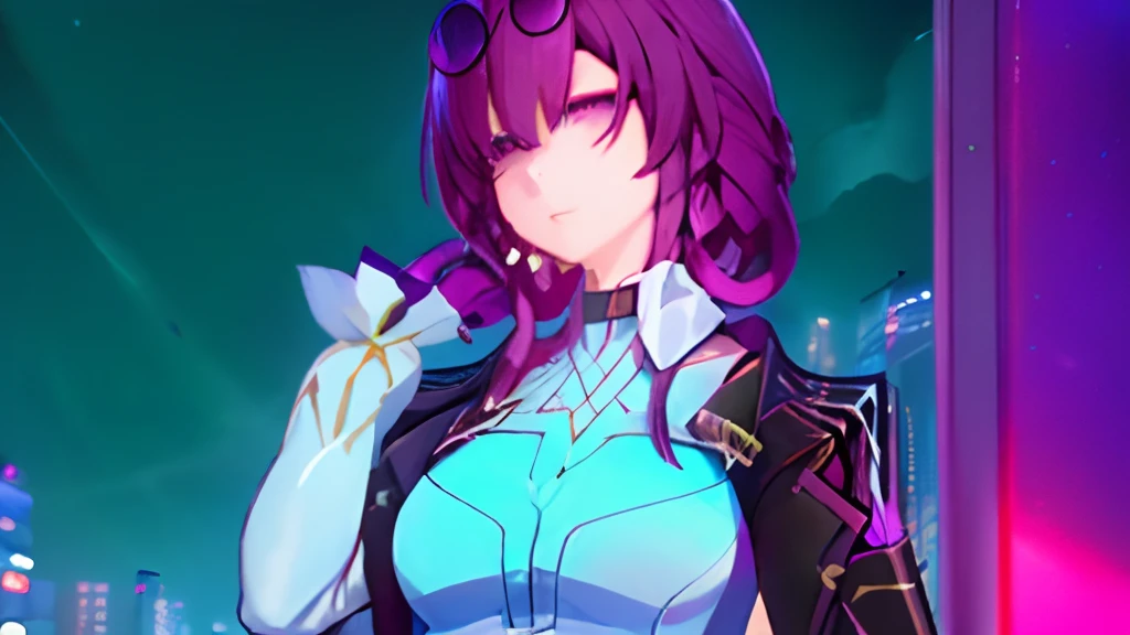 1girl,full bodyesbian,hyper HD,light purple light,Purple colored hair,cyber punk perssonage,starrysky,Look out the window on the train,the night,tightsuit,white shirt,The red silk thread in the hand radiates around, full body shot