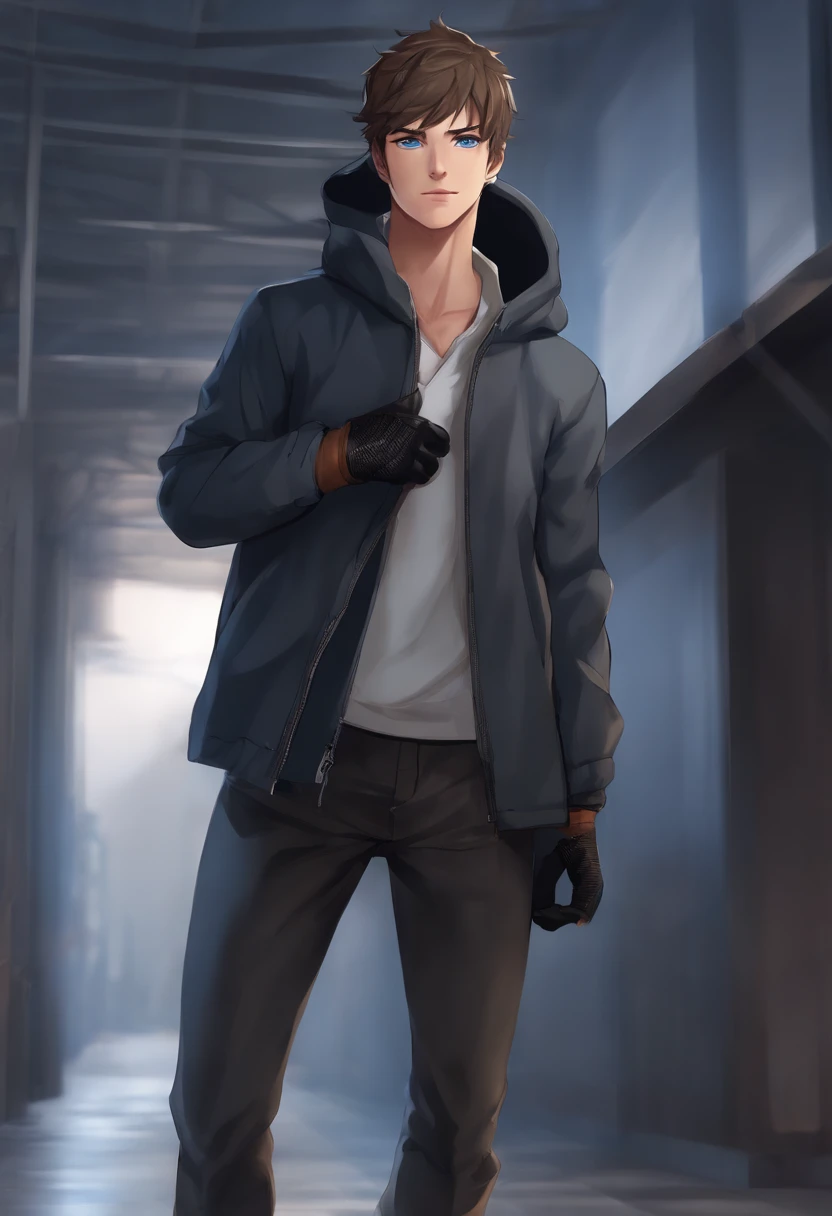 1guy, brown hair, blue eyes, eyelashes, short hair, fringe, black gloves, naruto, light bluish gray jacket, black pants, black high boots, looking at viewer, full body shot