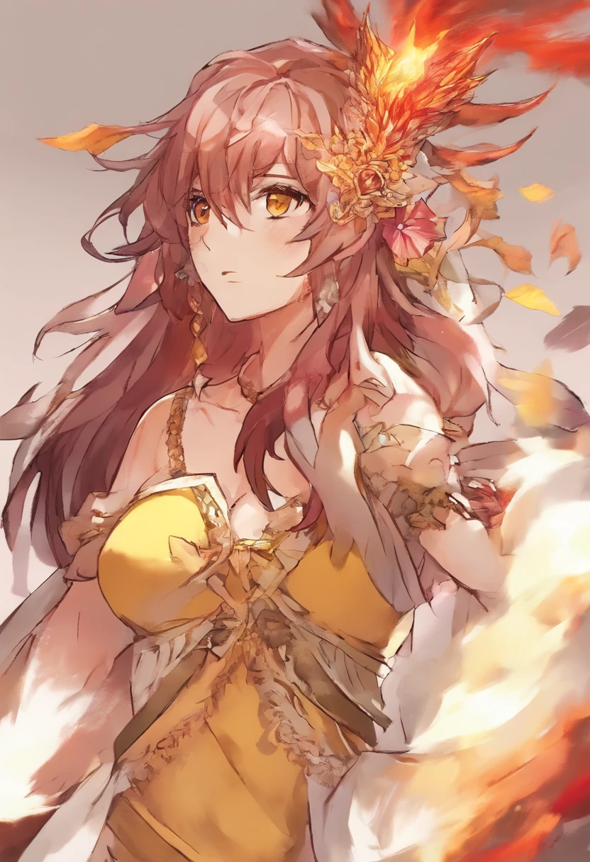 Estilo de anime. Mulher de cabelos extremamente longos, That fall almost to the ground, com uma franja que cobre o olho esquerdo. Its color starts out as a dark red that gradually turns into red, depois laranja e finalmente amarelo. These combined colors mimic a burning sunset or even the fire itself
His eye is sharp and deep, Expressing the wisdom and power it holds. The right eye is the only one visible exhibiting shades of yellow and red, Its pupil is similar to that of a dragon, intenso e hipnotizante.
Possui um corpo musculoso e escultural, with a defined abdomen and strong arms that reflect your strength, e a pele suavemente brozeada. Ela veste um top de gola alta e sem mangas, which is black in color and highlights his majestic figure. His arms are wrapped in gloves that extend to the middle of his forearms, Bandaged up to the shoulders.
She has sun tattoo that appears softly on her neck, and some in the arms that have a good part hidden by the bands.
Has a confident and smiling expression, Com dentes afiados desnudando.