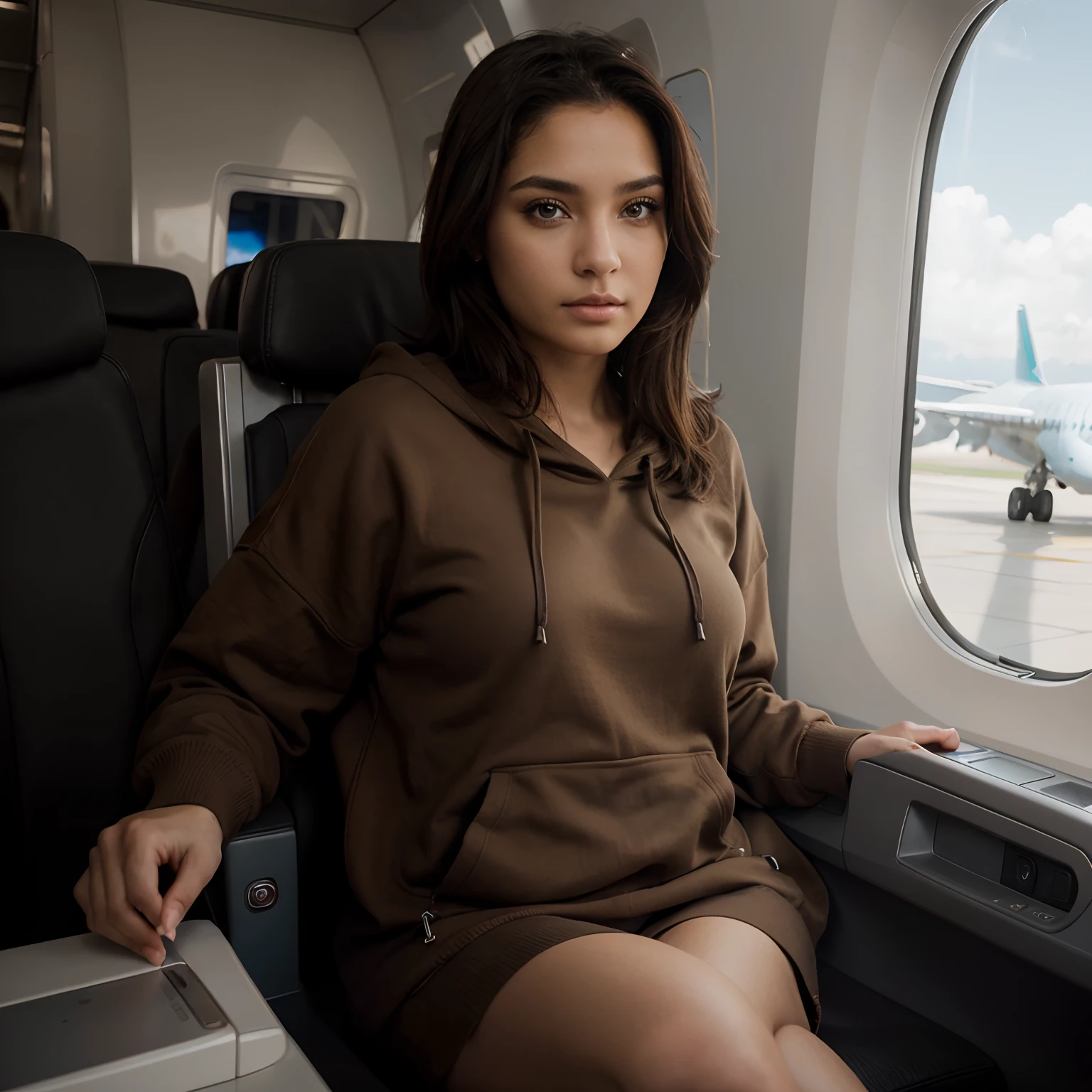 Beautiful model sitting on an airplane, ojos marrones, cabello negro, Brown hooded sweater, ultra realista, foto realista, hiperrealista, 4k