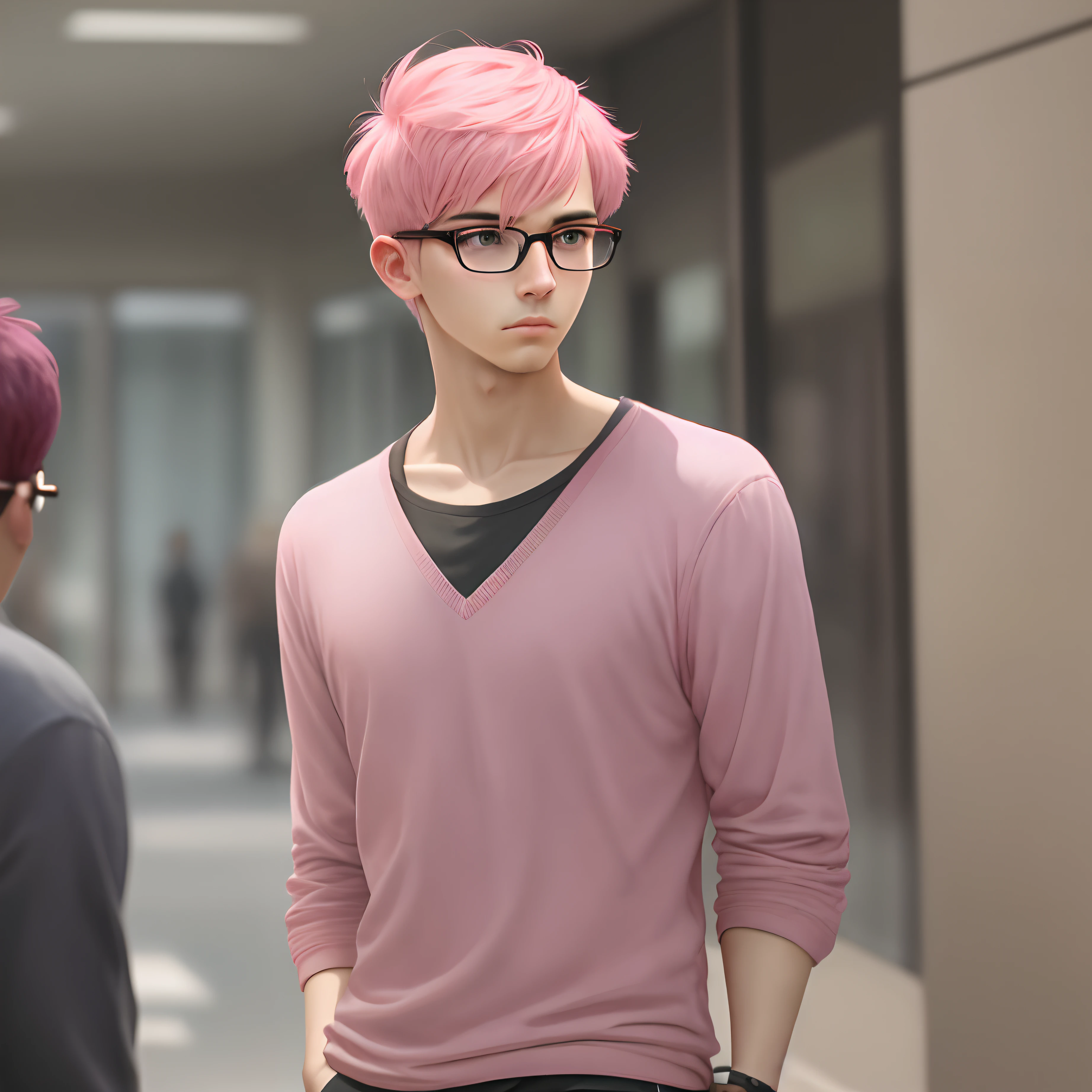 Young man staring off in the distance with short pink hair and glasses