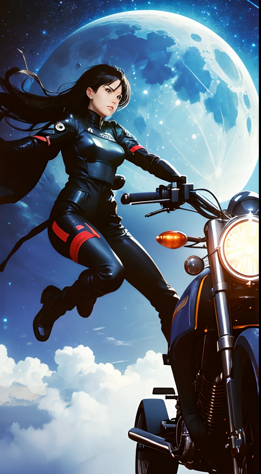 Jim Burns, Charles Doyle, Surreal, mysterious, strange, fantastical, fantasy, Sci-fi, Japanese anime, lady in a rider suit riding a motorcycle, galaxy, clouds, moon, planets, detailed masterpiece depth of field cinematic lighting high resolution definition quality