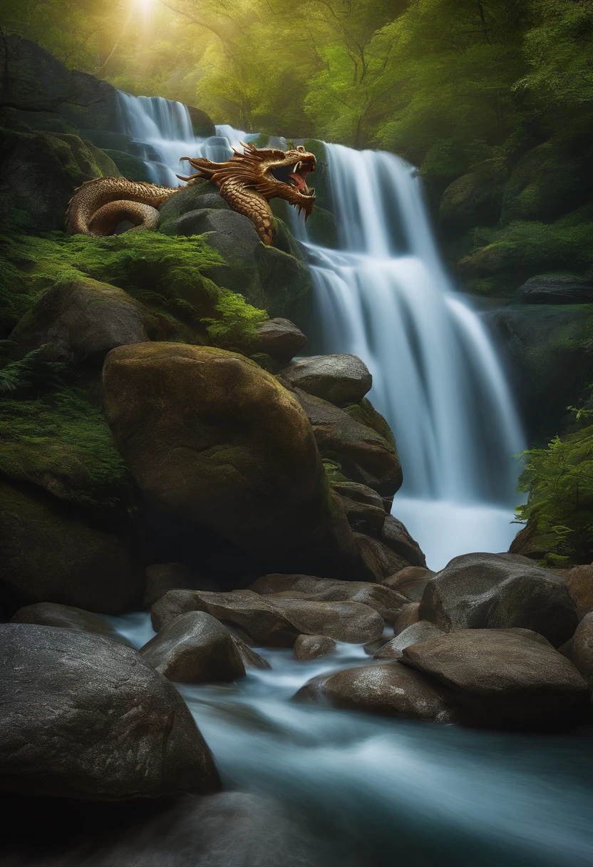 The background is a rocky waterfall. A dragon with the texture of water rises from the basin
