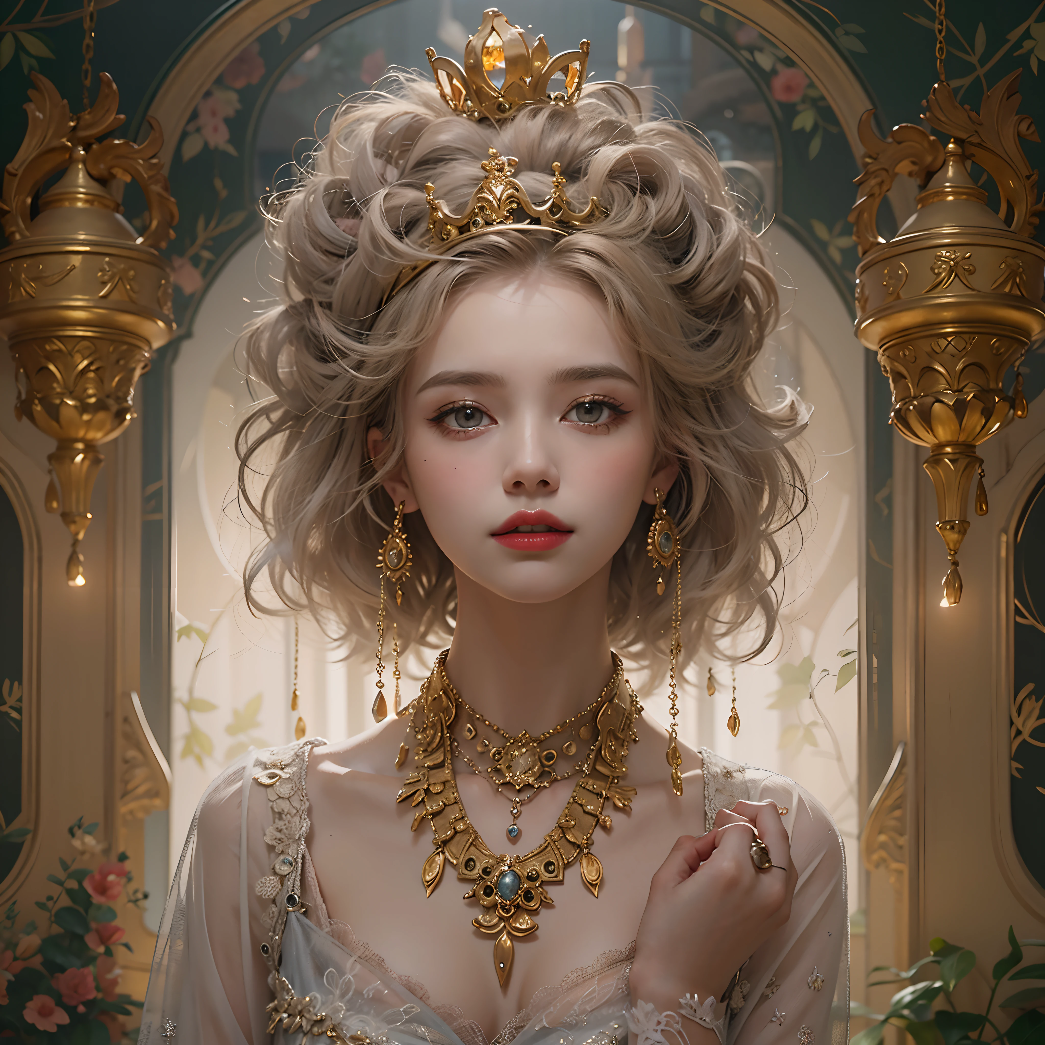 It appears to be a portrait of a beautiful female character. Woman standing in moonlight in room with gorgeous golden interior. On her head she wears a silver crown,, Around her neck, she wears a red lace collar and a necklace adorned with jewels. Her outfit is made of translucent materials and lace details., The sleeves and chest of the costume are delicately embroidered. Her face has a light skin tone and red lipstick, And it is represented by shining eyes. In addition, small spots are painted around her face. Behind her is a great moon,, Below it is a large candlestick with flickering candles.Overall,, The painting creates a serene yet fantastic atmosphere. The delicate and colorful expression of the female character and the golden environment surrounding her add to the luxury and beauty of the entire painting.