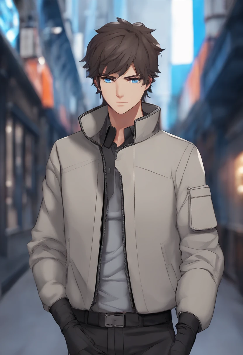 1guy, brown hair, blue eyes, eyelashes, short hair, fringe, black gloves, naruto, light gray jacket, black pants, black high boots, looking at viewer, full body shot