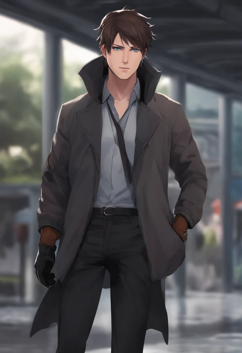 1guy, brown hair, blue eyes, eyelashes, short hair, fringe, black gloves, naruto, light gray jacket, black pants, black high boots, looking at viewer, full body shot
