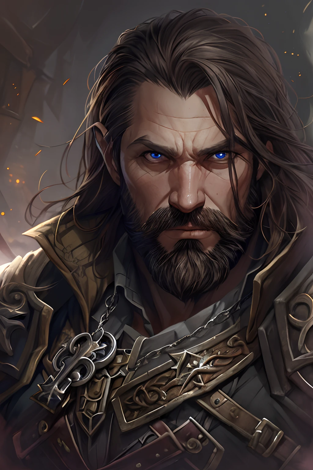 Castlevania Lord of the shadows bald beard handsome muscular man hyper realistic face evil expression