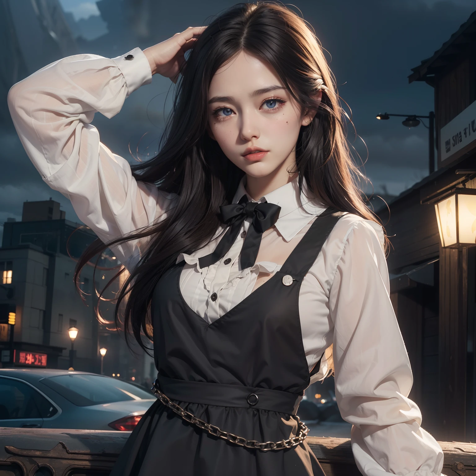 (Hyper-realistic), (Illustration), (High resolution), (8K), (Extremely detailed), (Best Illustration), Yol ( chain saw man ), (Beautiful detailed eyes), (Best Quality), (Ultra-detailed), (masutepiece), (Wallpaper), (Detailed face), Solo, Upper body, Focus on Face, 1 girl, Long Black Hair, Korean, Thin eyeshadow, A detailed eye, Brown eyes, Small moles under the eyes, Long sleeve shirt, Neckbow,  Small breasts, pinafore dress, Dynamic Pose, low illuminance, Night, Dark, Clouds, a dark night