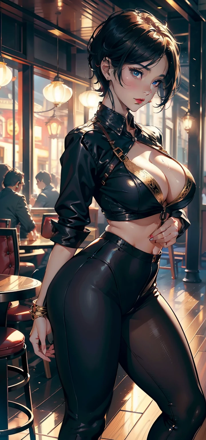 1Female，36 years old，milf，mature，Big breasts，big breasts thin waist，long legs，thick thighs，Sexy servant，Pornographic exhibition， solo，（Background with：chic French coffee shop，unoccupied tables） She has black hair with a pixie cut ，standing，soaked all over the body，viewed from the front，straight hair, ambient lighting predominant，（（（tmasterpiece），（Very detailed CG unit 8k wallpaper），best quality，kinematic lighting，detailed background，beautiful detailed eyes ，bright pupils，（Very thin and beautiful），（Beautiful and detailed eye description），brown eyes，Red lip，Ultra - Detailed，tmasterpiece，）），facing the camera，（the upper part of the body），A high resolution, Buttoned crop shirt，black leggings，high heels with gold details），full body photo，show shoes