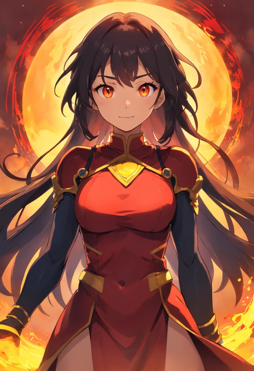 Estilo anime. Mulher de cabelos extremamente longos, That fall almost to the ground, com uma franja que cobre o olho esquerdo. Its color starts out as a dark red that gradually turns into red, depois laranja e finalmente amarelo. These combined colors mimic a burning sunset or even the fire itself
His eye is sharp and deep, Expressing the wisdom and power it holds. The right eye is the only one visible exhibiting shades of yellow and red, Its pupil is similar to that of a dragon, intenso e hipnotizante.
Possui um corpo musculoso e escultural, with a defined abdomen and strong arms that reflect your strength, e a pele suavemente brozeada. Ela veste um top de gola alta e sem mangas, which is black in color and highlights his majestic figure. His arms are wrapped in gloves that extend to the middle of his forearms, Bandaged up to the shoulders.
She has sun tattoo that appears softly on her neck, and some on the arms that have a good part hidden by the bands.
Has a confident and smiling expression, com dentes afiados.