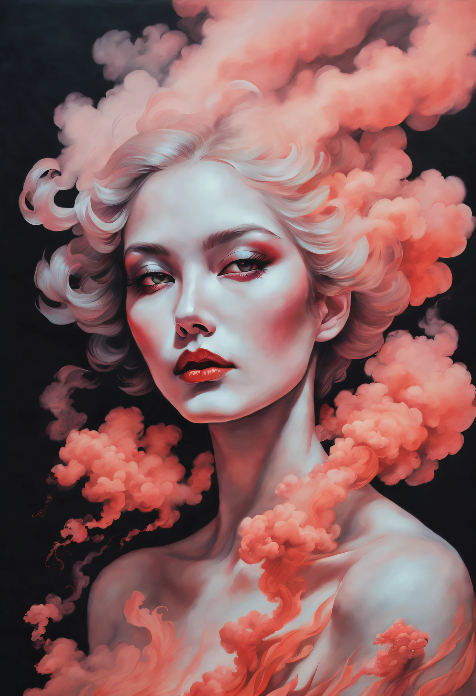 chiaroscuro technique on sensual illustration of an devilish woman portrait of a woman covered in cloud of smoke, whirlwind, coral highlight colors, coral make-up, hints of pastel, misty, seductive, sultry, breathtaking, oil painting style, artistic, aesthetic modern art, hyper-realism by Hannah Dale, by Harumi Hironaka