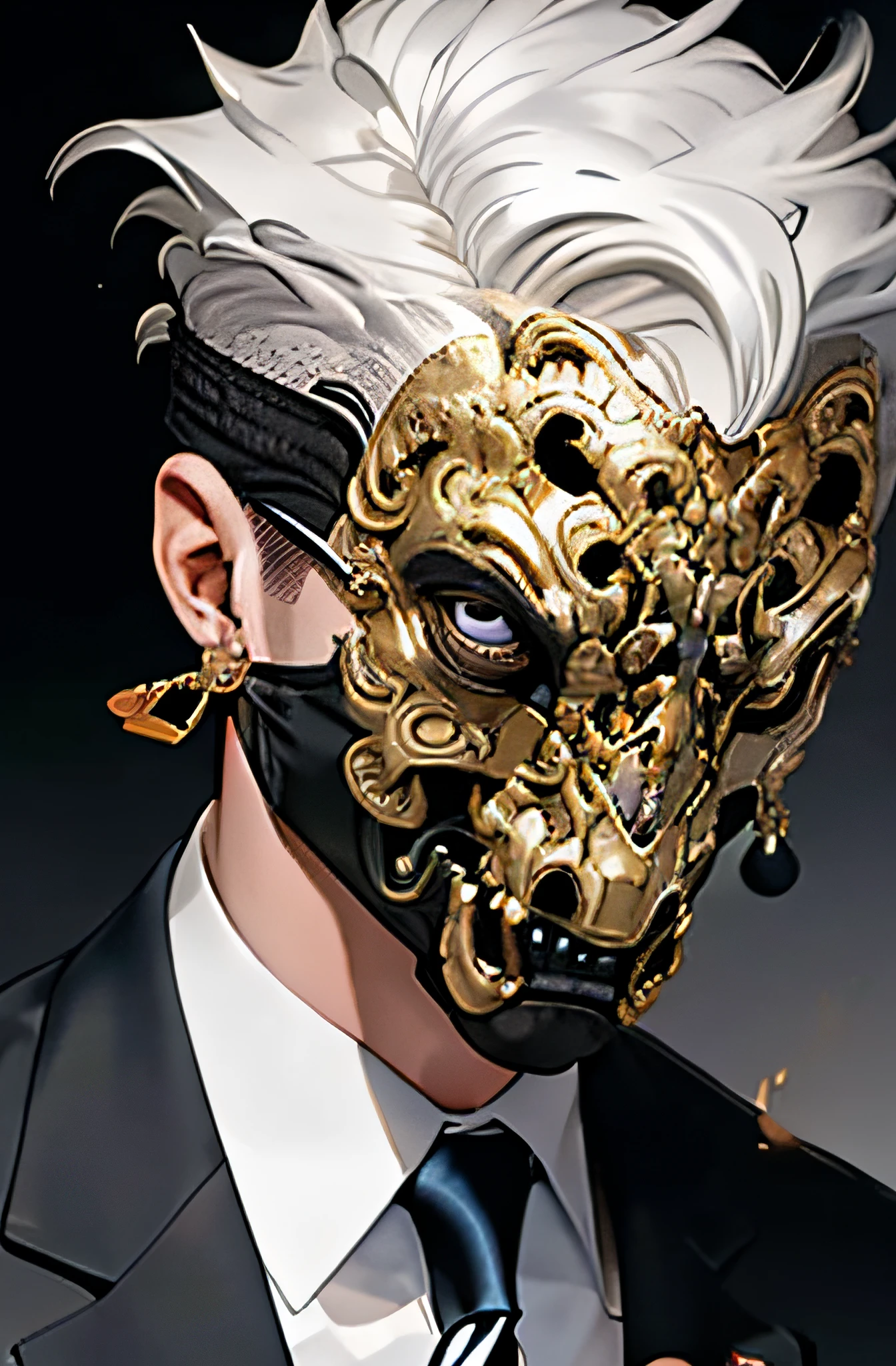 Henshin, solo, looking_at_viewer, short_hair, shirt, 1boy, jewelry, jacket, white_shirt, white_hair, male_focus, earrings, necktie, collared_shirt, artist_name, black_jacket, gradient, grey_eyes, gradient_background, mask, formal, suit, black_background, portrait, black_necktie, ultra realistic,32k,RAW photo,(high detailed skin:1.2), 8k uhd, dslr, soft lighting, high quality, film grain