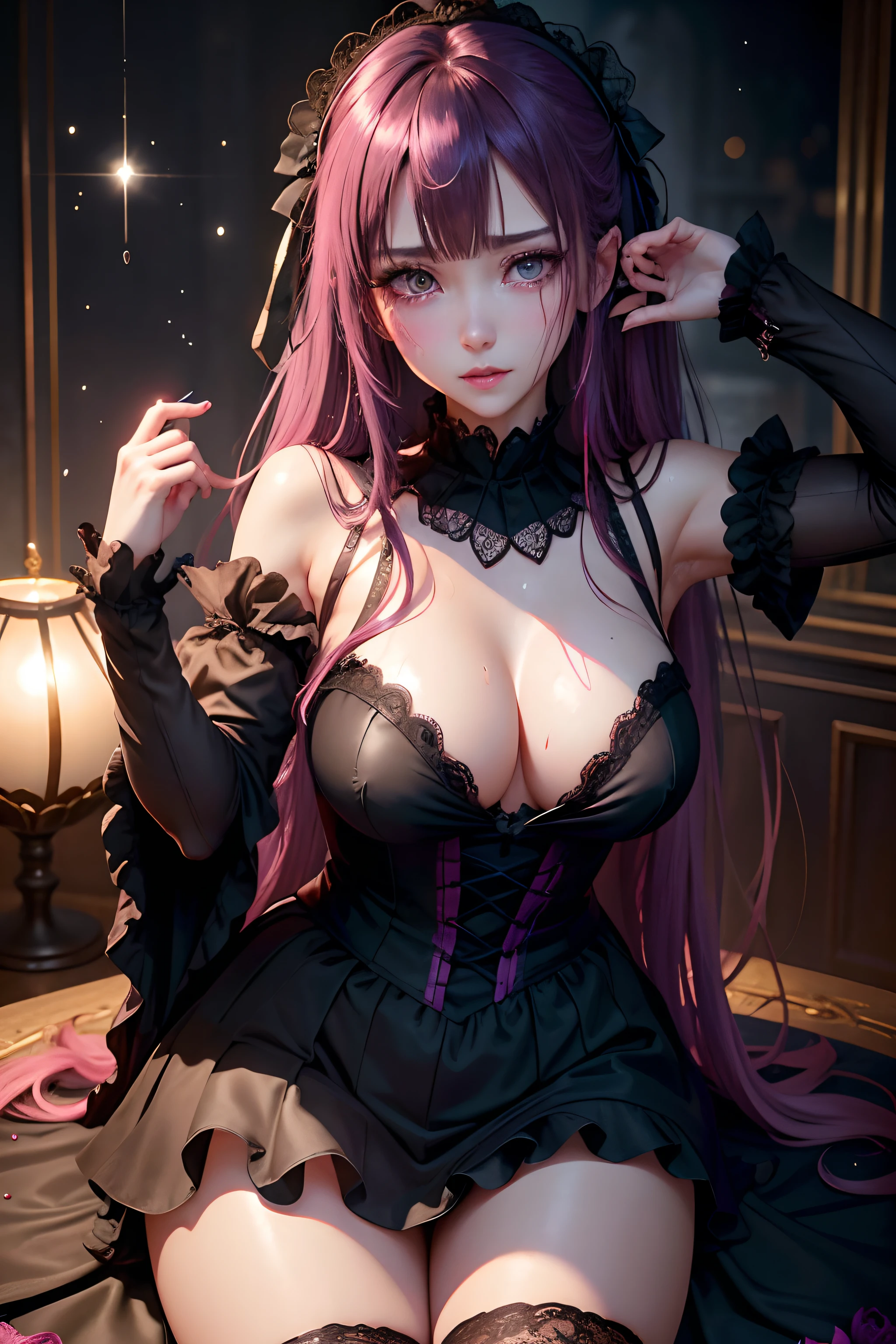 A sexy、A slight smil、garterbelts、knee high socks、panthyhose、Beautifying the world、Unhappy、Lament my night's fantasy、Transcendent beauty、Beautiful shape、wretched、ghosts、wraiths、Evil Spirit、Beautiful、boredom、Unusual beauty、Bewitching、Fornication、Hard Dark Gothic Makeup、Maniacal、Deep night sky、horor、twin-tail hair、Black Dark Eyeshadow、slaves、crying how bright、mourn、Sad songs、Good skin luster、Lace pink、Long hair straight hair、Dark Gothic Makeup、Dark smile、Restless Palace、Expressions of sexual arousal、Fragrant beauty、18year old、carriage、Lying、seductiv、 Strong sexual pleasure facial expressions、A look of shame、open the legs widely、Dark Gothic、Gothic lolita、Dark purple hair、????????????、bell sleeves、Wizard Sleeve、Obscene look、Stained glass background、masutepiece、Best Quality、Ultra-detailed、Refers to 5 books、Sweat glitters on my chest、Glitter of sweat on your face、Massive sweat glitter on the thighs、Expression of sexual pleasure in anguish、Sweating profusely、Quite an inebriated face、maid clothes、Gothic Long Dress、Black ruffled skirt、Apply blush on cheeks、Pink atmosphere、Pink hair、bewitching poses、Nasty poses、