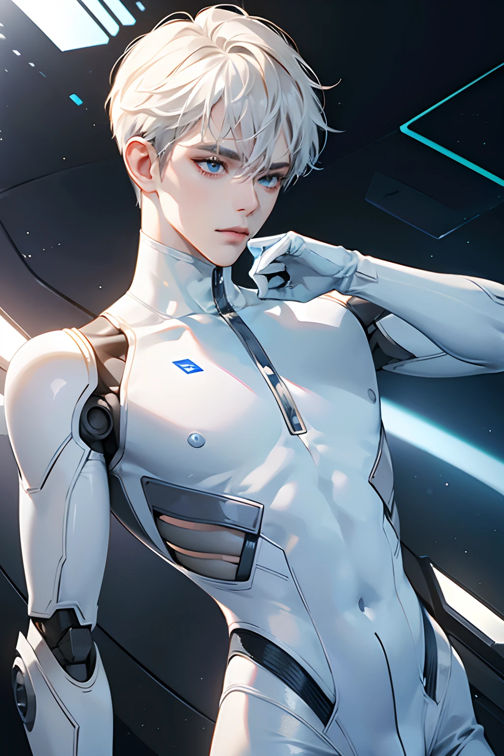 (masterpiece,high resolution,ultra - detailed:1.0),1(boy,robot boy),Perfect male body,Look at the camera,Delicate eyes and delicate face,Extremely detailed CG,Unity 8k wallpaper,Complicated details,solo person,Detailed face, (white futuristic skin tight body suit), (futuristic), (toned body with bulge) color difference, Depth of field,dramatic shadow,Ray tracing,Best quality, hands visible, white gloves