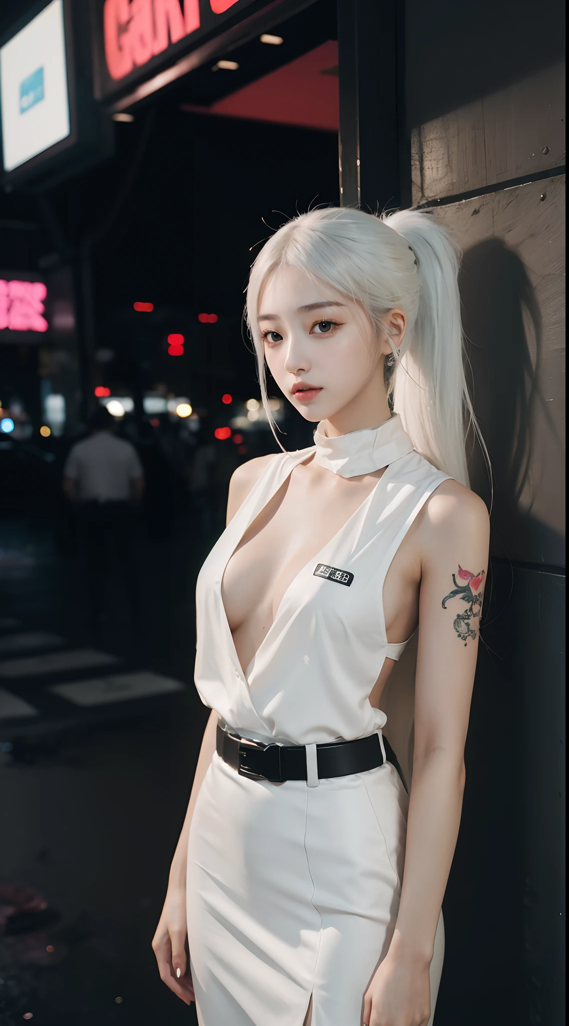 8K, RAW photos, Best quality, Masterpiece: 1.2),(best qualtiy,8K, Yes,32K,masterpiece,hyper HD:1.2) , 20 years old, there is a woman with a tattoo on her arm posing for a picture, girl in a suit, girl in suit, shot on canon eos r 5, shot on canon eos r5, hyper-realistic cyberpunk style, anime style mixed with fujifilm, in cyberpunk style, captured on canon eos r 6, shot with sony alpha 1 camera, long straight hair, white hair color, ponytail, black suit, white shirt