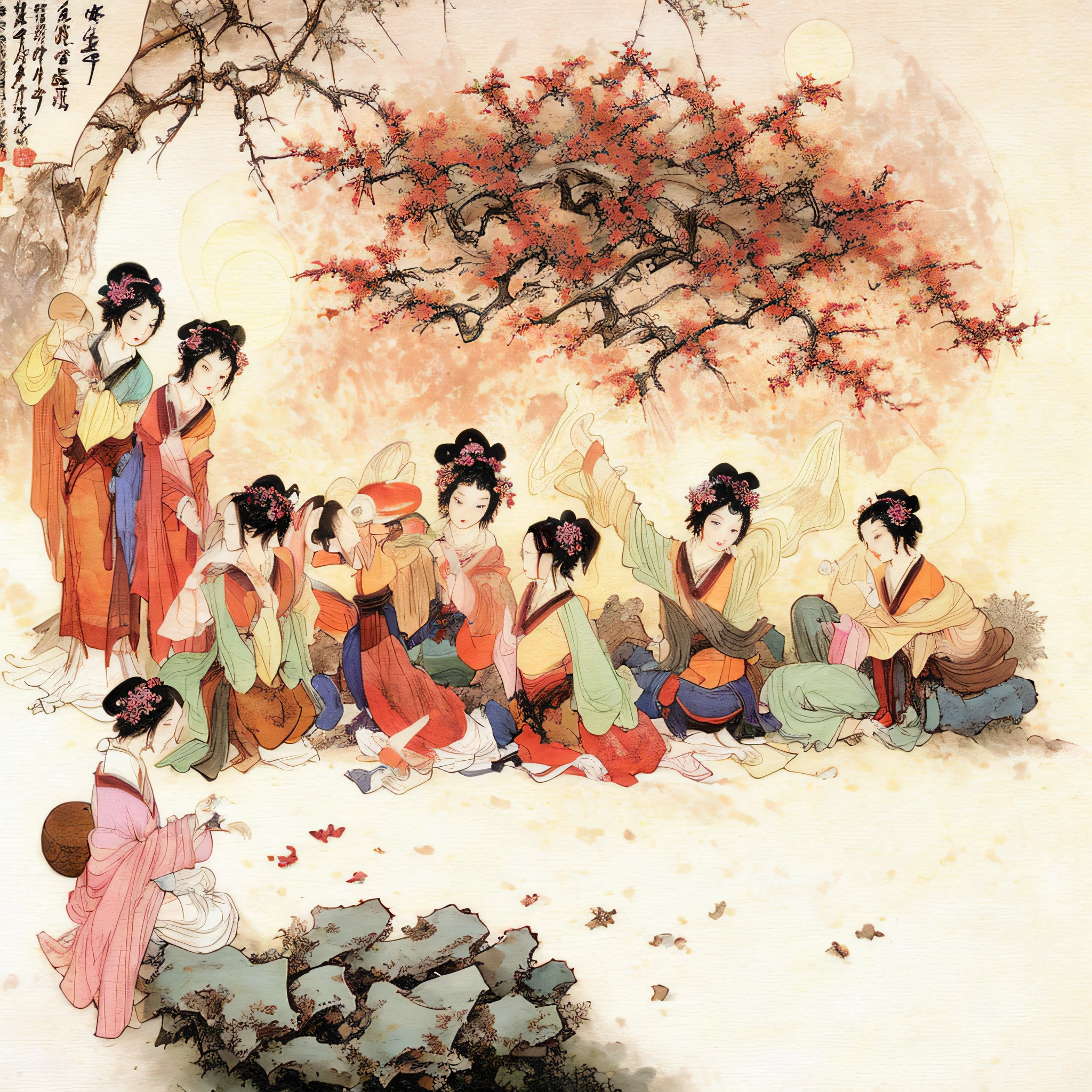 Masterpiece, Best quality,(full bodyesbian:1.3), Solo,chinese paintings,Beautiful face and eyes details of Chinese girl, Perfect skin,make happy expressions,The sisters make wine together,clean color,Low-saturation colors,Colors of low brightness,rich details,Ancient Chinese Ming dynasty style,Quiet and elegant atmosphere,The red tone is the keynote,Pure,light make-up,Jade jewelry,hair adornments,moon full,Colorful,sharp and clear focus,instagram most viewed, Concept artist, Depth of field,flower,Bush