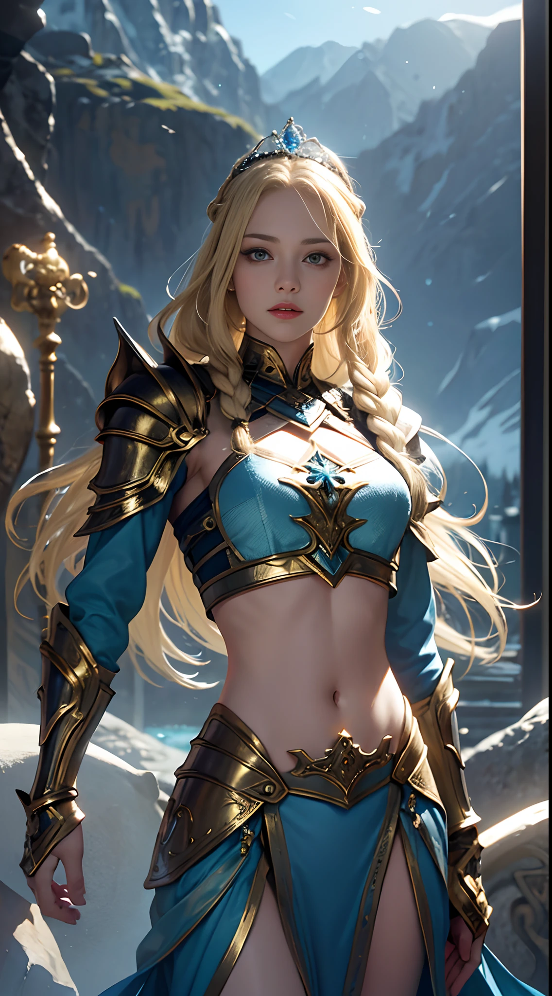 Blonde haired woman with braids, (Armadura nordica decotada dourada). Bright chrome gold armor with sharp reflections. Pedras preciosas. ombros nus. (tiara). Low muscle definition. Pernas lindas. Ombros nus visiveis. Detailed lighting. artistic work. Beleza extrema. Roupa com efeito de gradiente colorido intenso. Professional image with high saturation. Camera profissional. illustration. cores vibrantes. olhos amarelos vibrantes, magra, capa de pelo, olhos dourados brilhantes, simetria, olhar intenso, detalhes pretos nas roupas, aura dourada