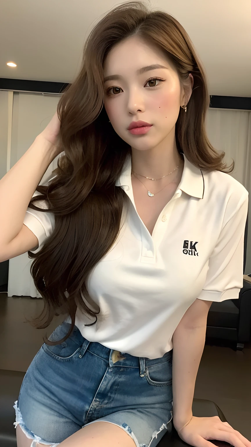 ((best qualtiy, 8K, tmasterpiece:1.3)), Focus:1.2, perfect figure beautiful woman:1.4, Cocked buttocks:1.2, ((Random Long Hairstyle) ((Brown Wavy Hair))（Long white legs：1.3，(Polo shirt:1.2) , (inside in room: 1.2), Highly detailed facial and skin texture, A detailed eye, 二重まぶた，Whiten skin，（Straight big breasts：1.3), looking at camera, Wear a necklace，