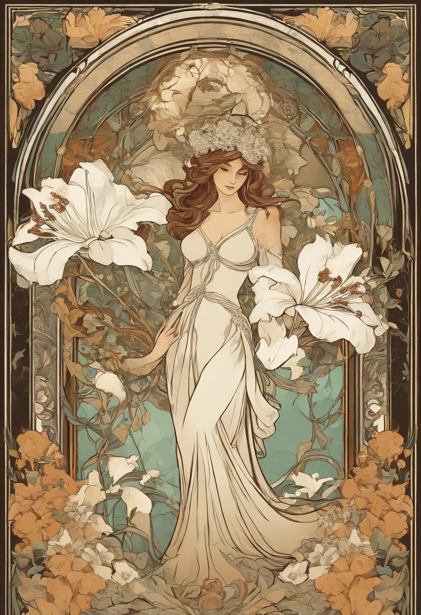 8k.Poster illustration in Alphonse Mucha style, pintura plana, Beautiful Marvel Ironman holding a bouquet of white lilies,Corpo inteiro como,corpo esguio, Arte Nova, plantas em segundo plano, masutepiece, Alfonse Mucha, Detalhes altos
