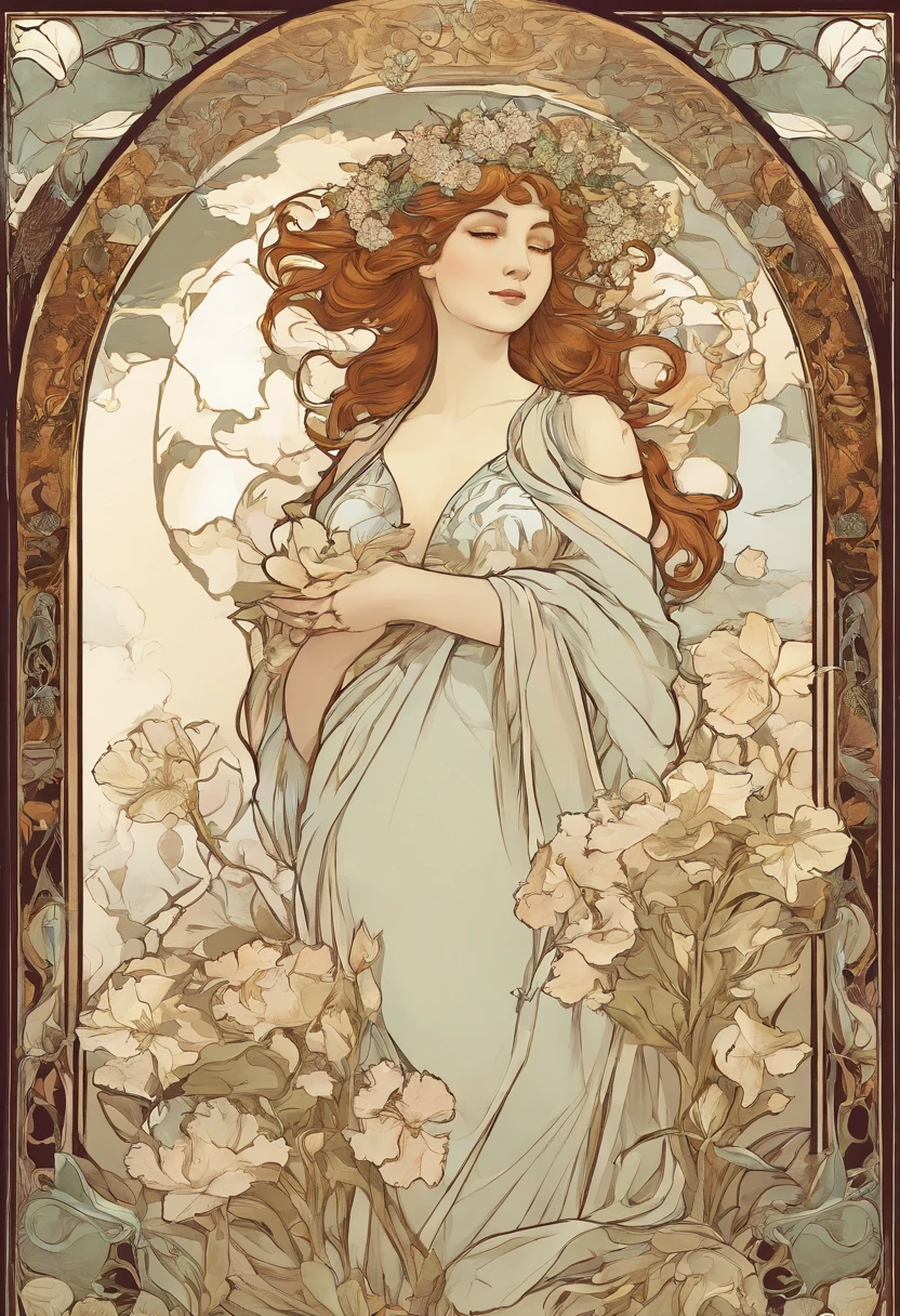 8k.Poster illustration in Alphonse Mucha style, pintura plana, Beautiful Marvel Ironman holding a bouquet of white lilies,Corpo inteiro como,corpo esguio, Arte Nova, plantas em segundo plano, masutepiece, Alfonse Mucha, Detalhes altos