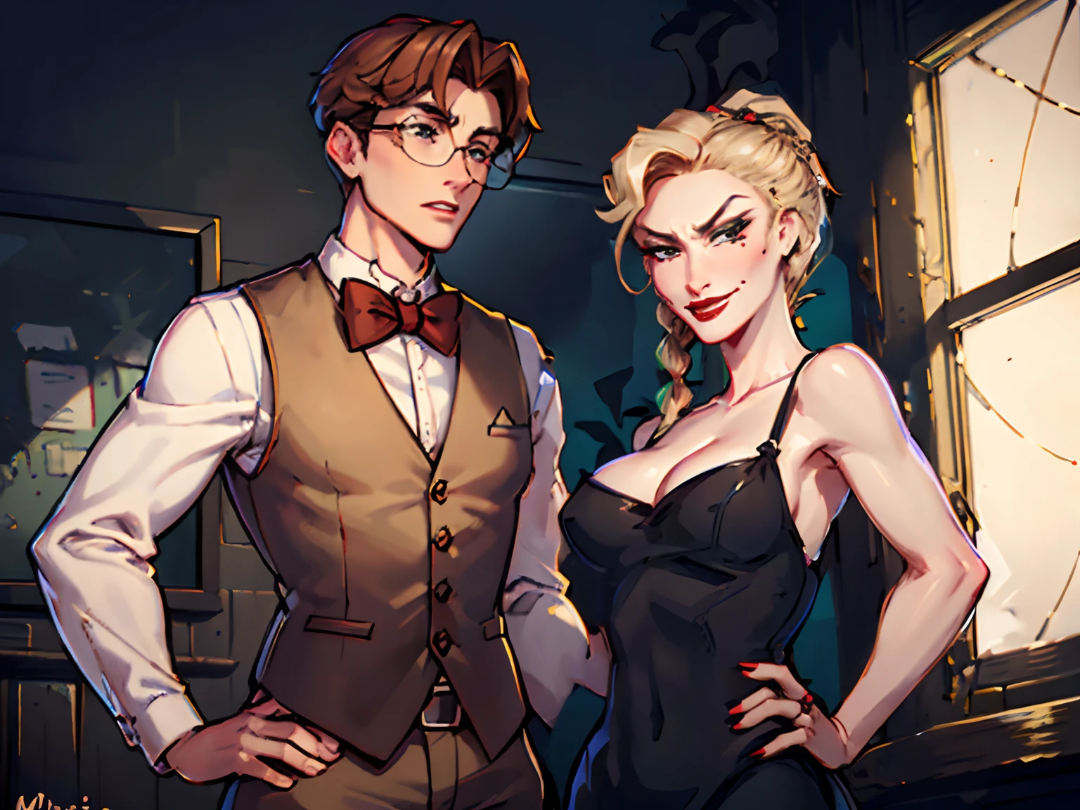 Helga, black cocktail dress, Red lips, evil smirk, looking at Milo, hand on hip, Large breasts, cleavage