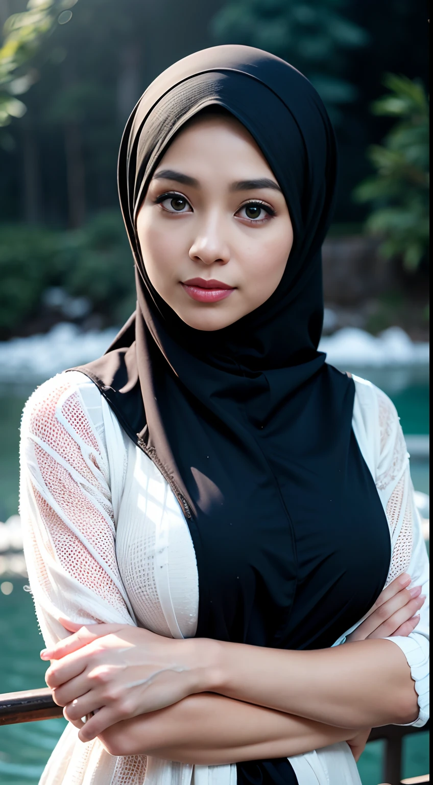 RAW, Best quality, high resolution, Masterpiece: 1.3), Beautiful Malay woman in hijab, Masterpiece, Perfect slim body, Big breasts, Beautiful big eyes, watery eyes, Soft smile, wet lips, Beautiful portrait of a young person Malay women in beautiful hijap, 30 years old, high detail, HDR, portrait photography, (full body shot), snow mountain hat background, straight looking camera, cinematic look, HD