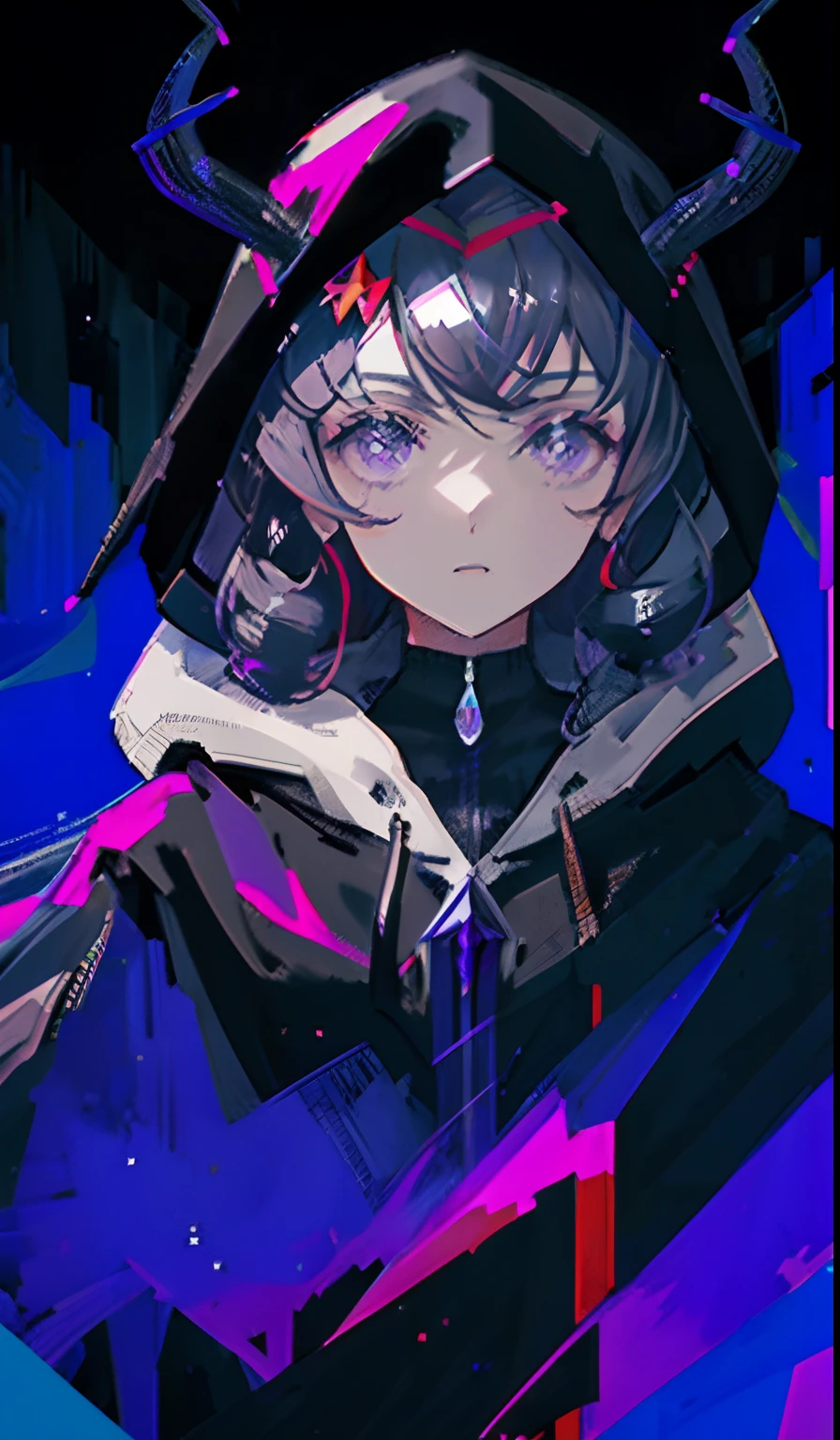 Single portrait，black female，with black curled hair，Cloud curls，long whitr hair，Witch's purple hooded cloak，Witch-like mark，deer antlers