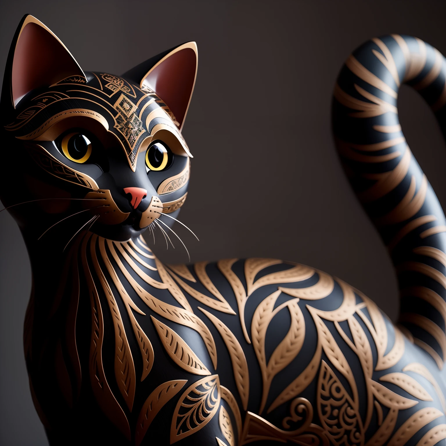 There's a cat statue that's sitting on a table, gato detalhado, fotorrealista e intrincado, Directed by: Sasha Putrya, Alex Gato Cinza, Directed by: Nikita Veprikov, Directed by: Sergei Sviatchenko, Maxim Sukharev, escultura em madeira profissional, Directed by: Maksimilijan Vanka, anthropomorphic cat, design do gato, com muitos detalhes