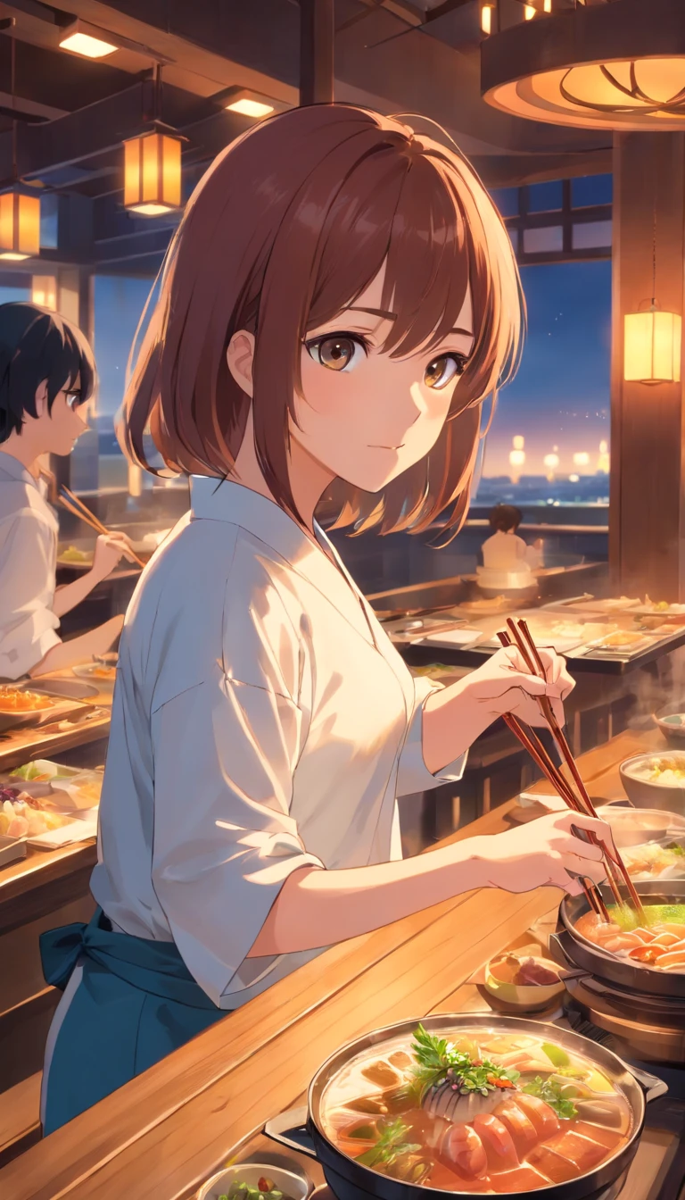 whitet-shirt，Chopsticks in hand，dine，dining room，hot pot，a joyful atmosphere，Super detail, High details