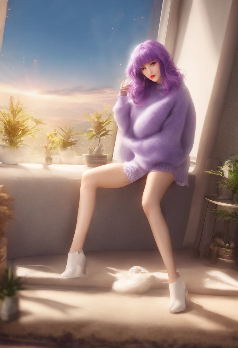 20 years old woman, Cara hermosa, En pie, Sweater and short skirt, medianos senos, purple hair, Cabello largo, purple eyes, piel blanca cara rosada, labios abiertos, cuerpo brillante, cuerpo perfecto Muslos altos, Medias largas, (((La mejor calidad))), ((Ultra detallado)), (Luz detallada), Foto RAW, feliz, 8k UHD, Profundidad de campo de la sombra, HDR , 8k, (Fondo de pantalla de 8k), Background inside a room, (((Anime Version)))